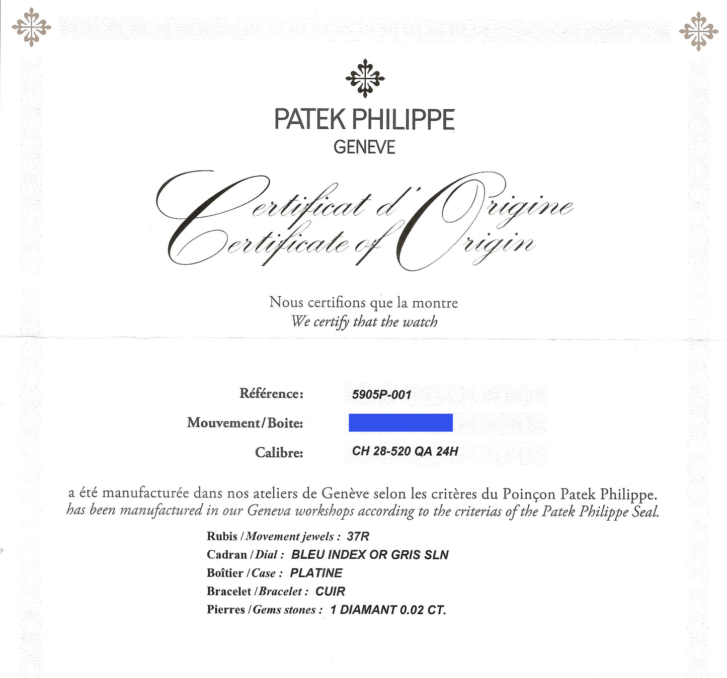 NEW 2020 PAPERS Patek Philippe Blue 5905P Platinum Annual Calendar Chrono Watch