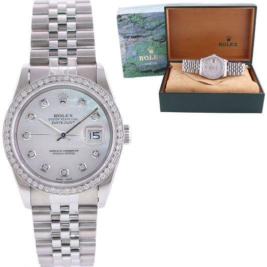 DIAMOND BEZEL PEARL Rolex DateJust 36mm MOP Dial 16220 Steel White Gold Watch