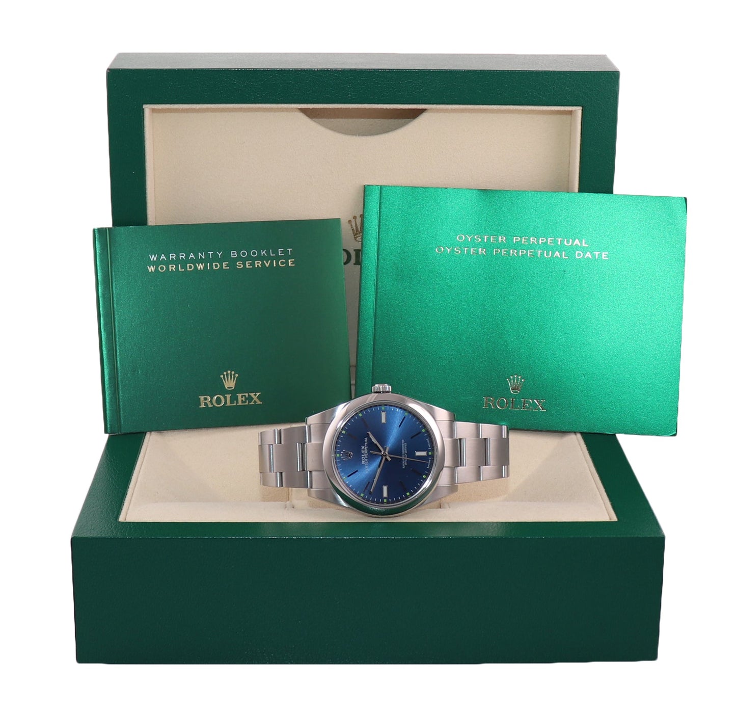 MINT 2018 MINT Rolex Oyster Perpetual 39mm Blue Stick Oyster Watch 114300 Box