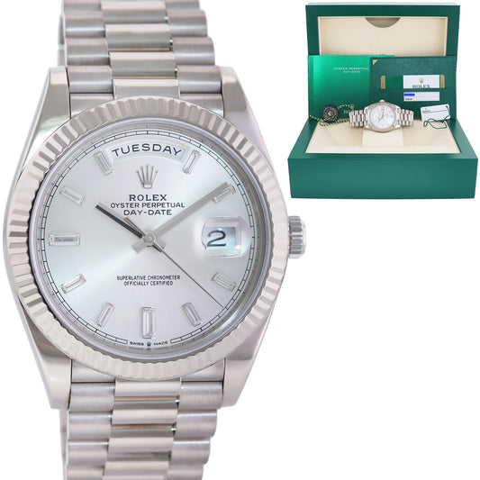 2020 PAPERS Rolex Day Date 40 White Gold President Silver Diamond 228239 Watch
