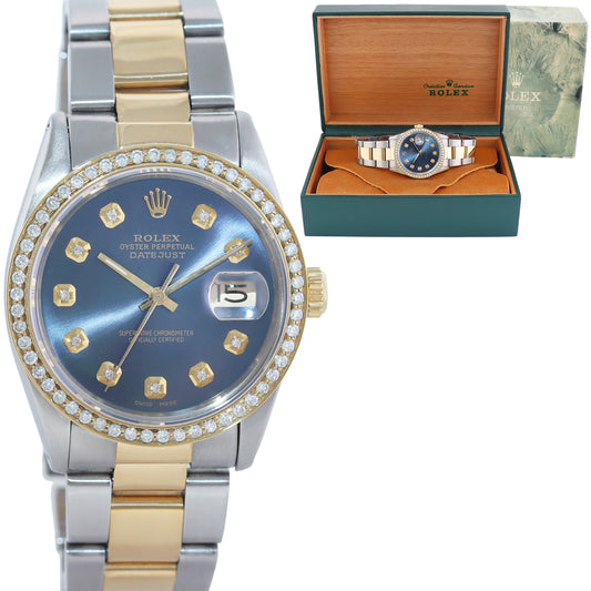 Rolex DateJust Blue Diamond Dial and Diamond Bezel 16013 Two-Tone Gold 36mm Watch