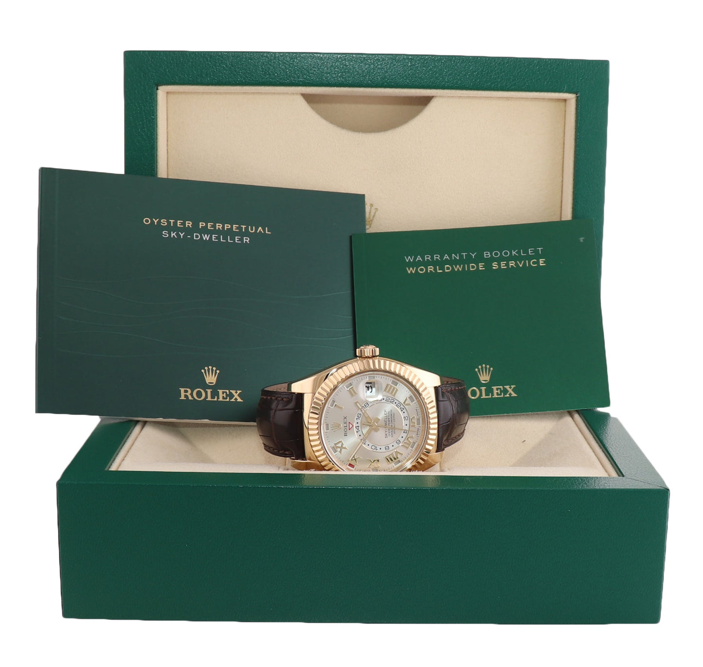 MINT 2016 Rolex Sky-Dweller 18K Yellow Gold 326138 42mm Silver Roman Leather Watch