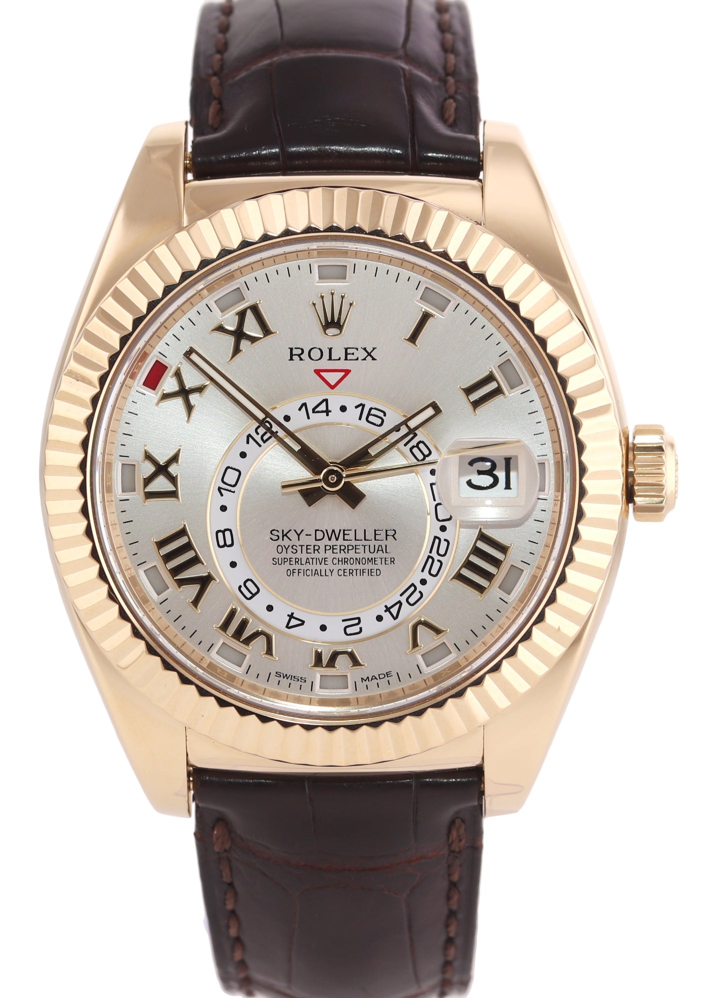 MINT 2016 Rolex Sky-Dweller 18K Yellow Gold 326138 42mm Silver Roman Leather Watch