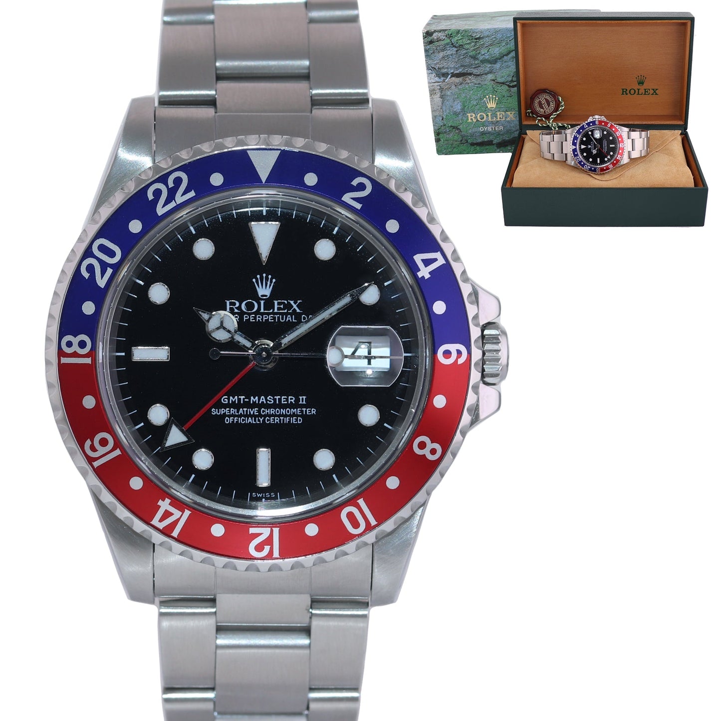 SWISS ONLY 1999 Rolex GMT-Master II Pepsi Blue Red Steel 16710 40mm Watch Box