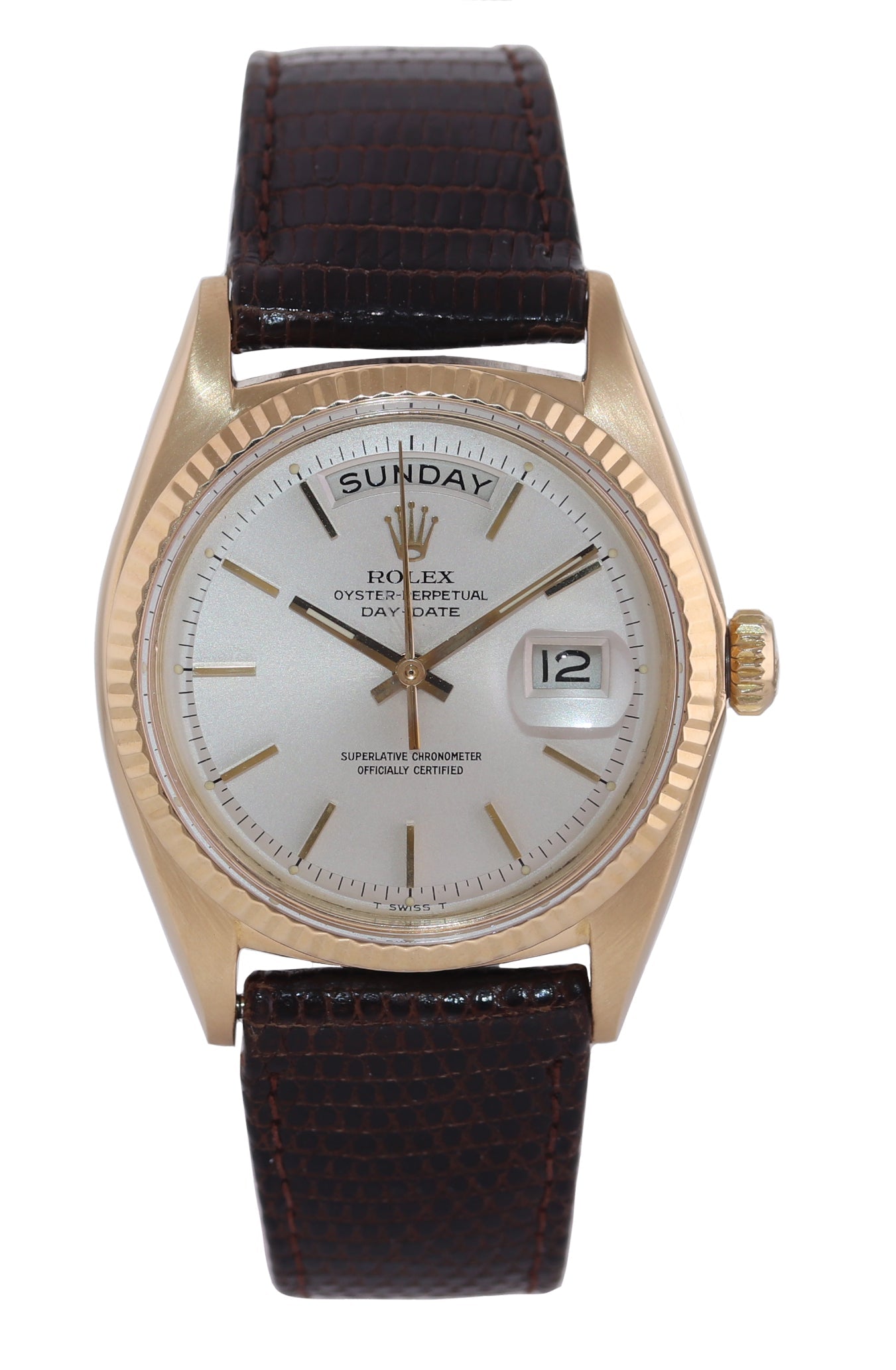 Rolex Day-Date President Silver Stick 36mm 1803 18K Yellow Gold Leather Watch