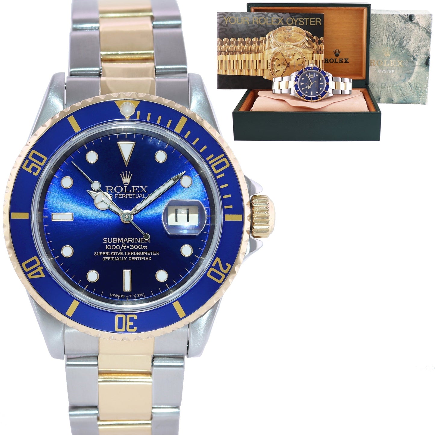 MINT Rolex Submariner 16613 Gold Steel Two Tone Yellow Gold Sunburst Blue Watch