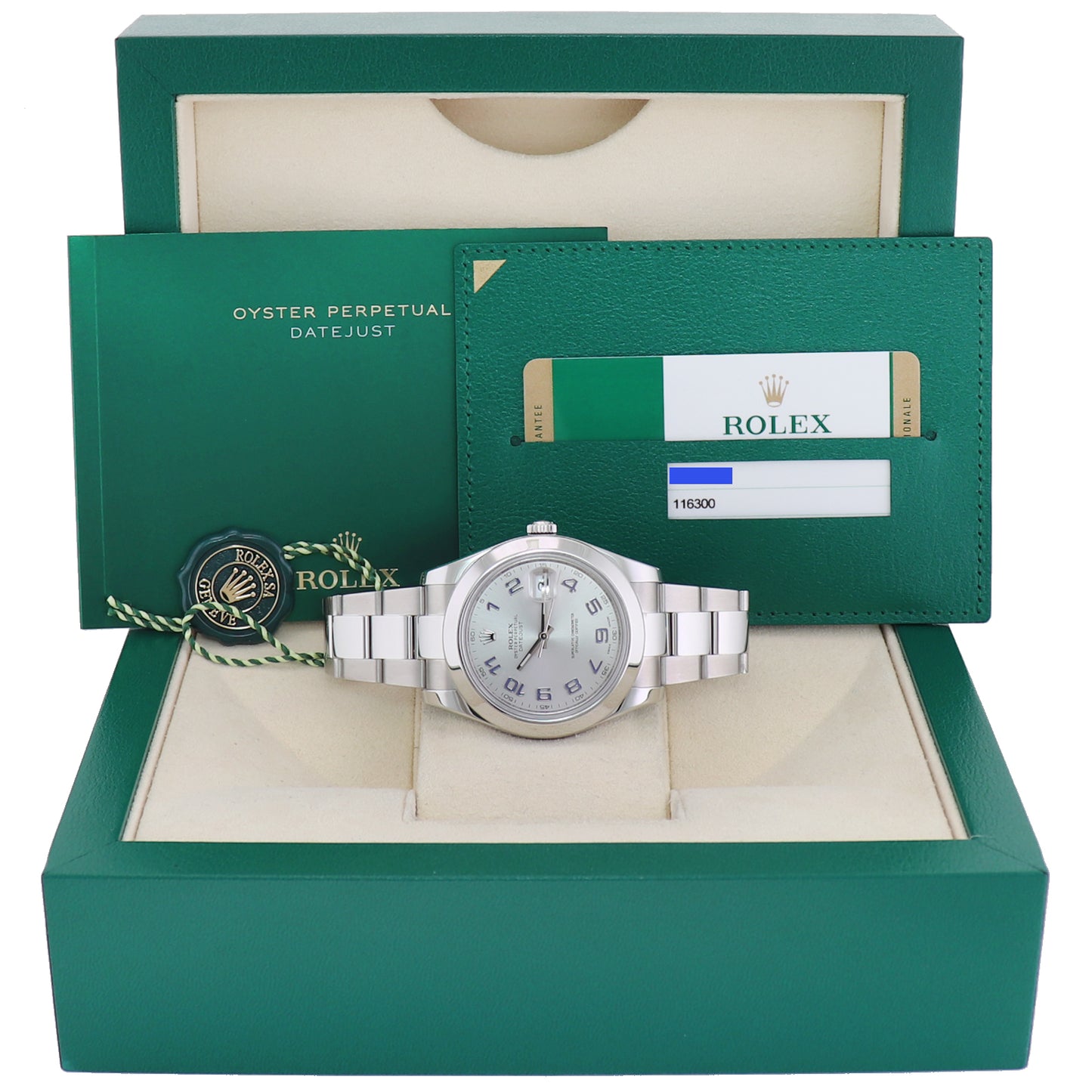 2017 MINT PAPERS Rolex DateJust II 116300 Silver Blue Arabic Dial Steel 41mm Watch