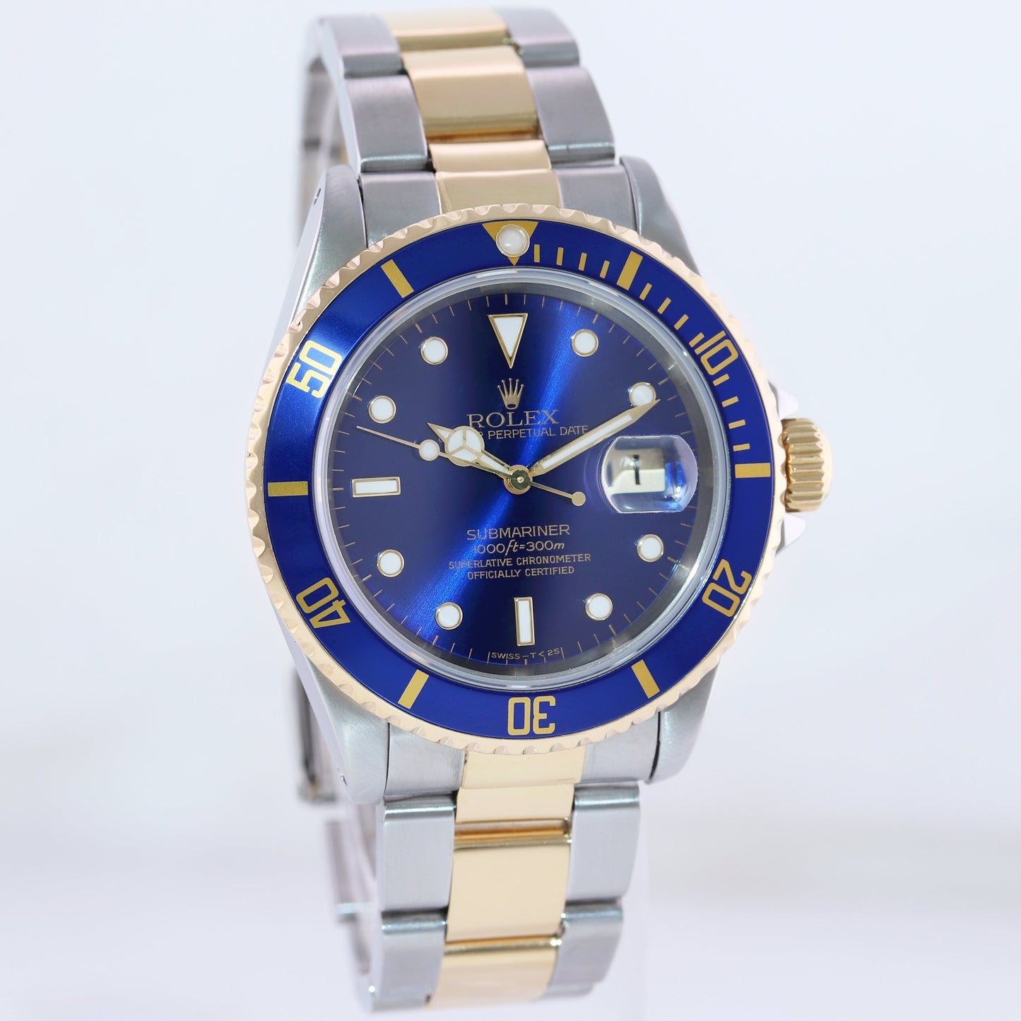 MINT Rolex Submariner 16613 Gold Steel Two Tone Yellow Gold Sunburst Blue Watch