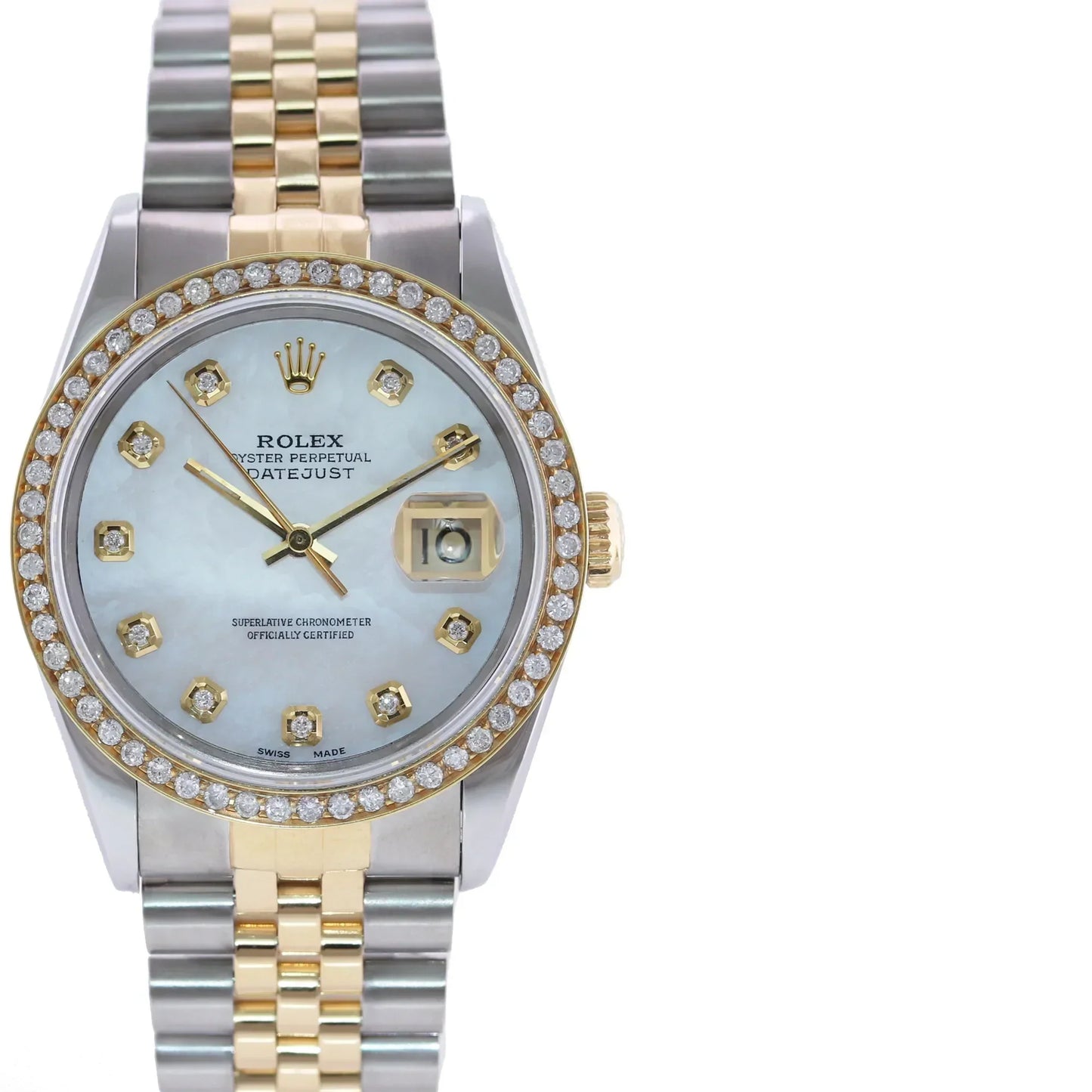 DIAMOND BEZEL Rolex DateJust 16233 Two-Tone 18K Yellow Gold MOP Jubilee Watch