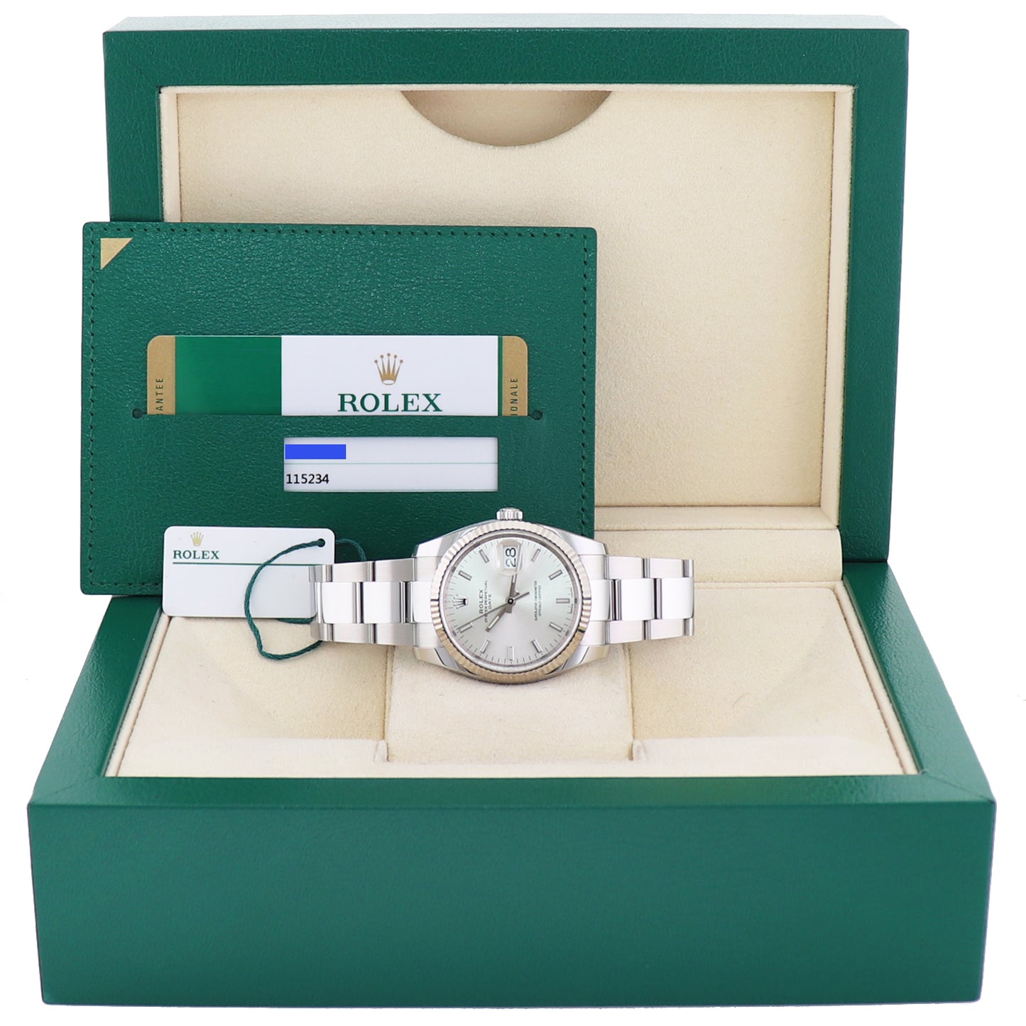 2019 Papers Rolex Date 34mm Silver Stick 115234 Steel Oyster Band Watch Box