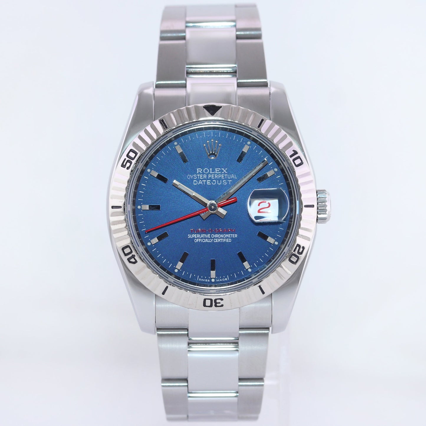MINT Rolex DateJust Turn-O-Graph 116264 Blue Steel White Gold Fluted Bezel Watch