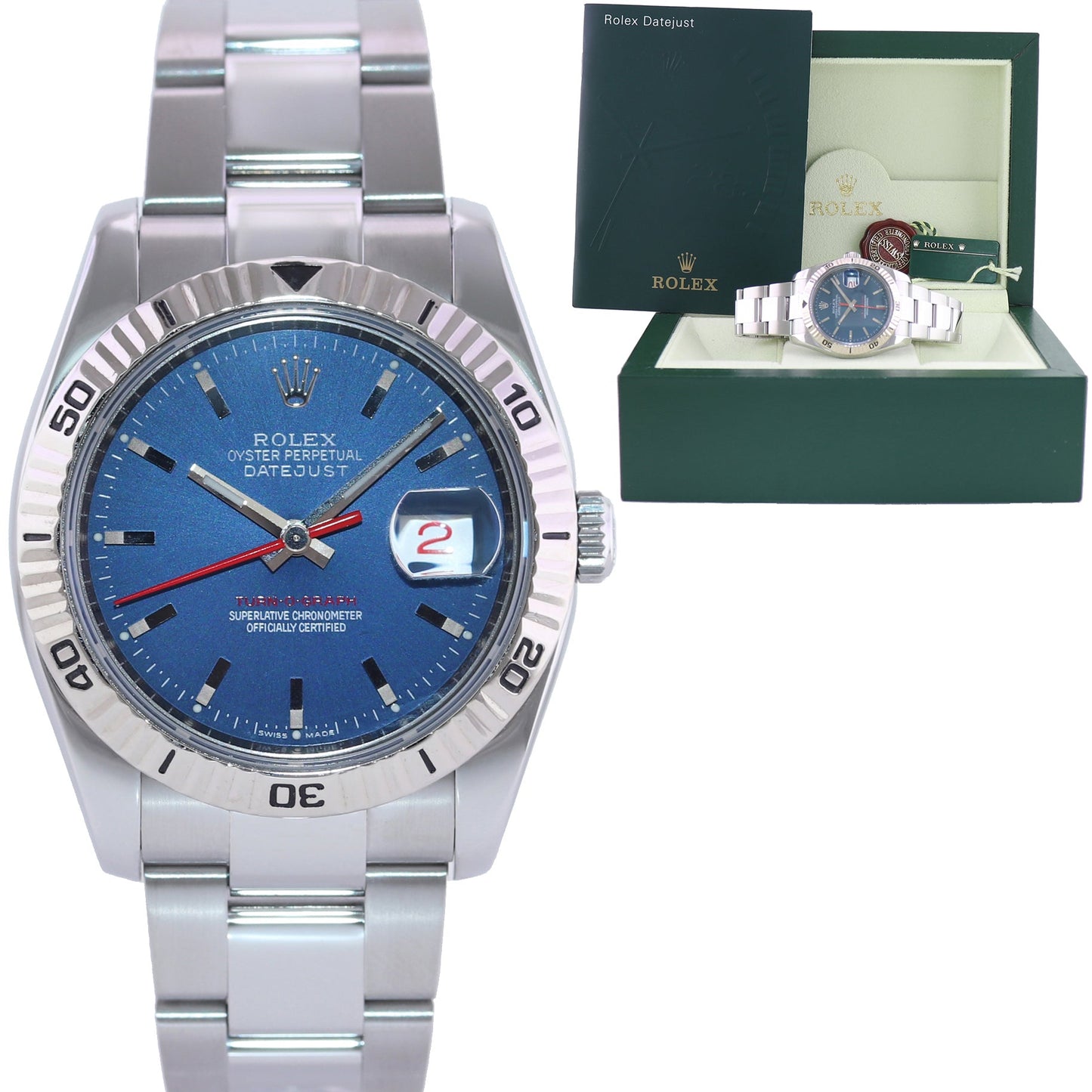 MINT Rolex DateJust Turn-O-Graph 116264 Blue Steel White Gold Fluted Bezel Watch