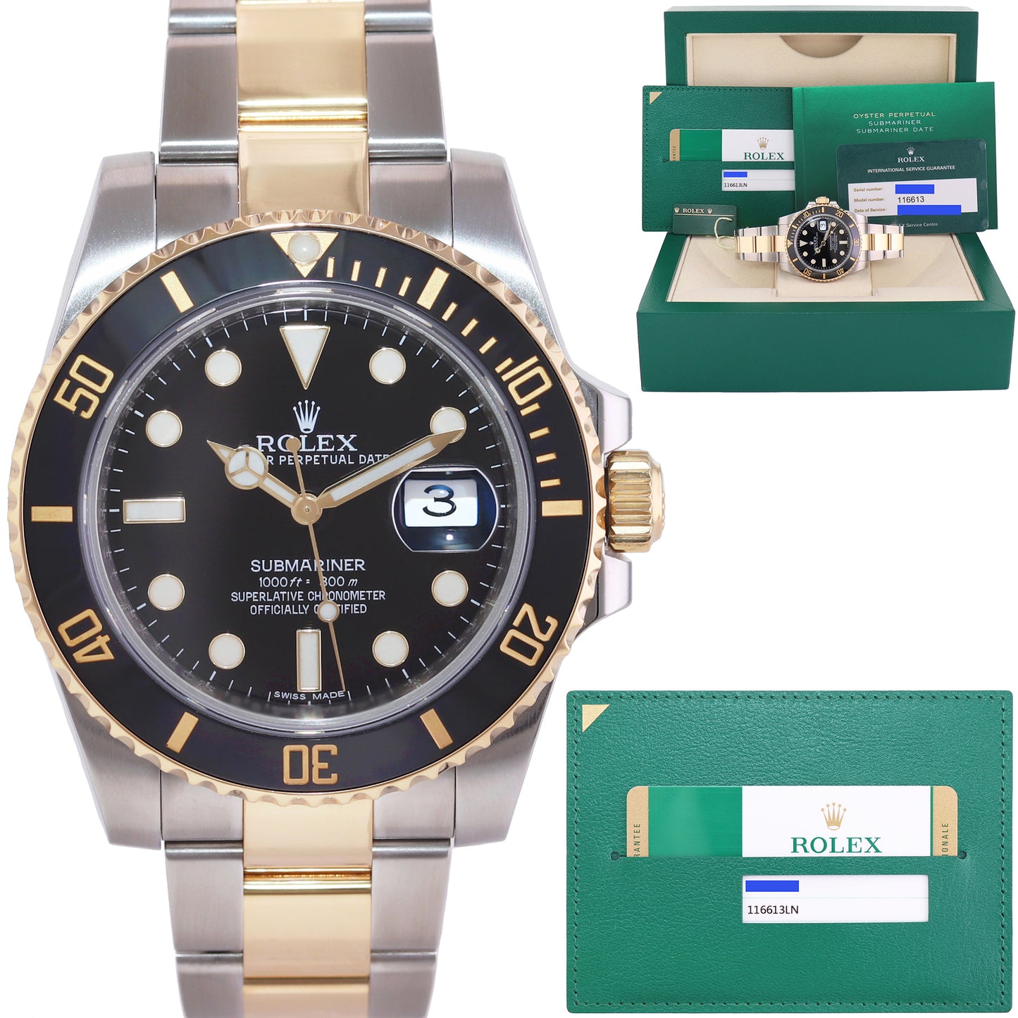 PAPERS & 2021 RSC Service Rolex Submariner 116613 Two Tone Steel Gold Black Watch