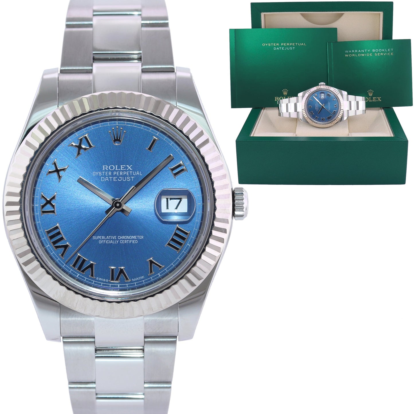 2016 MINT Rolex DateJust II 2 Azzurro Blue Roman 41mm White Gold Fluted 116334 Watch
