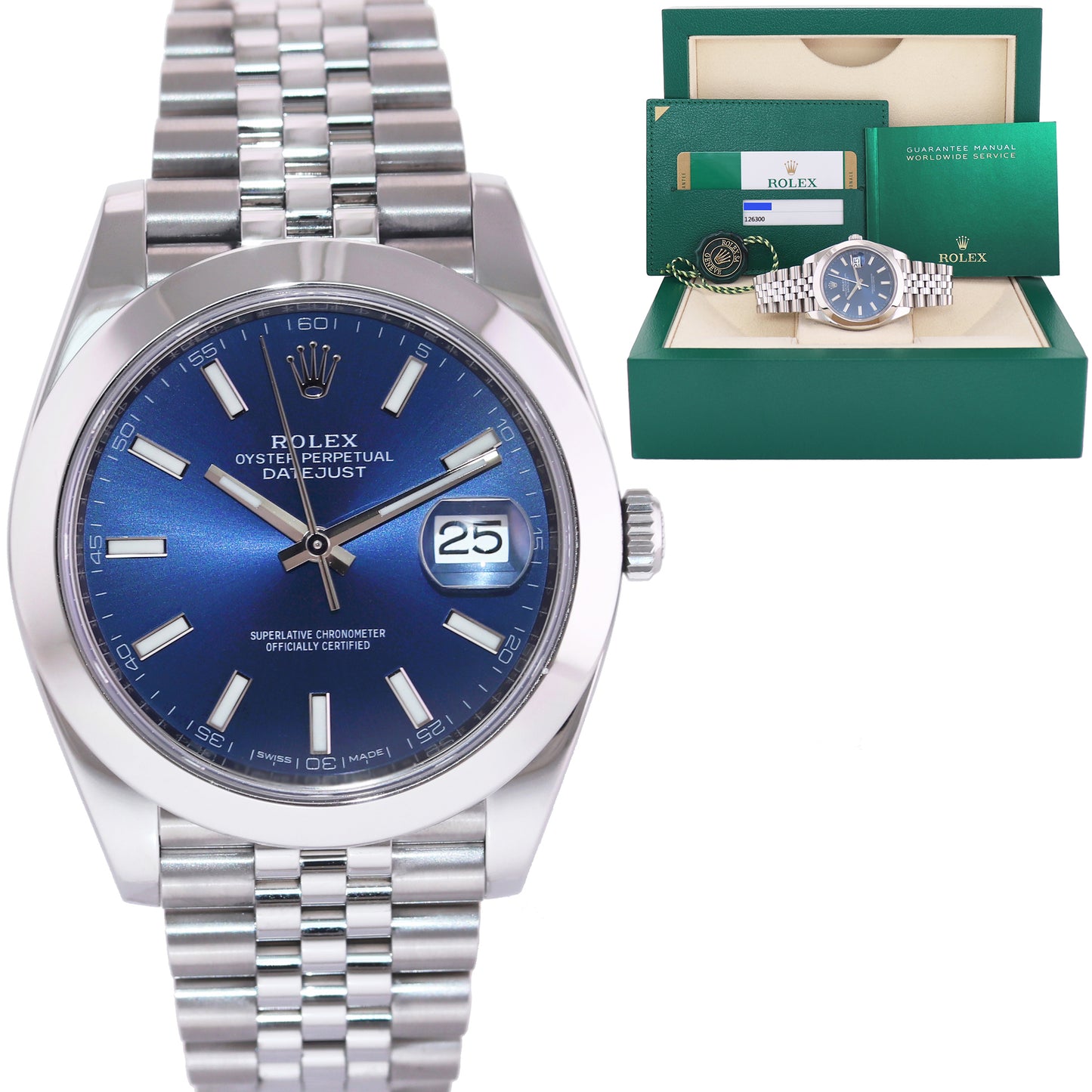PAPERS MINT Rolex DateJust 41 Steel 126300 Blue Dial Jubilee Band 41mm Watch Box