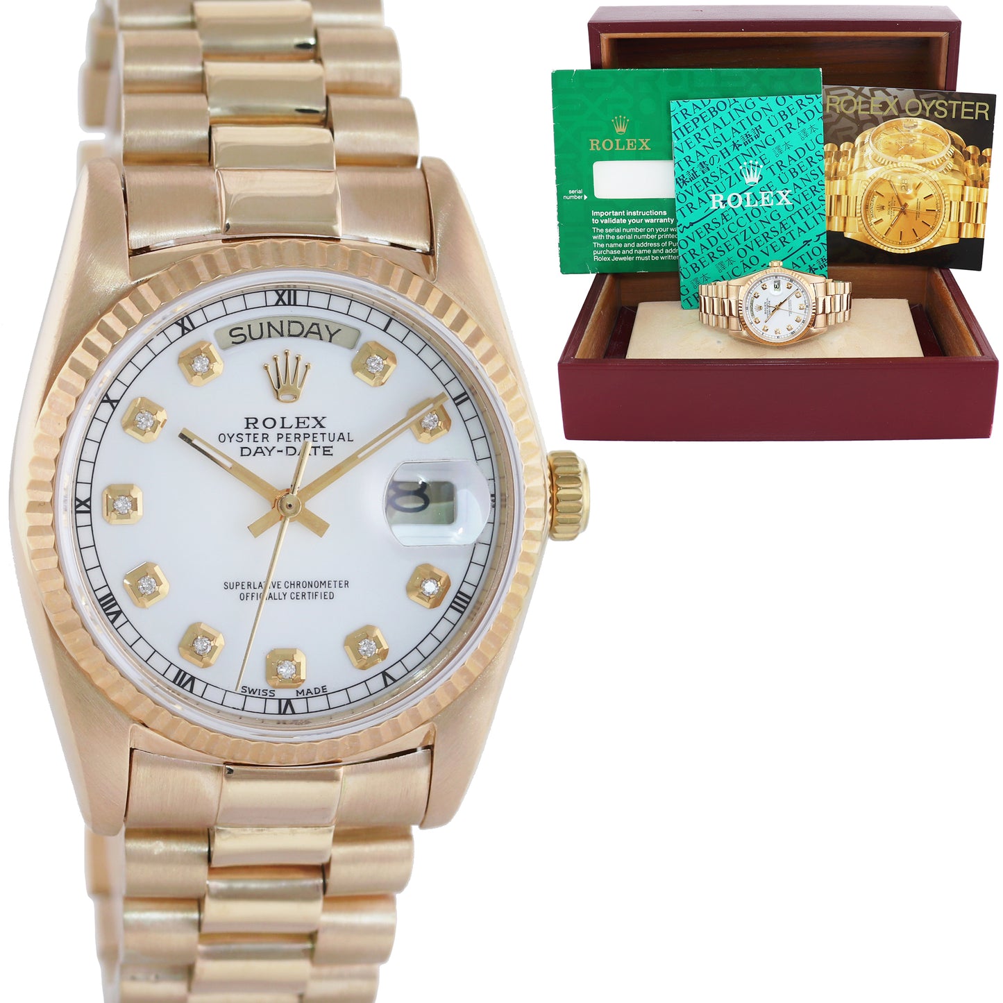 Rolex 36mm President Day Date White Diamond 18038 Quick Set Yellow Gold Watch