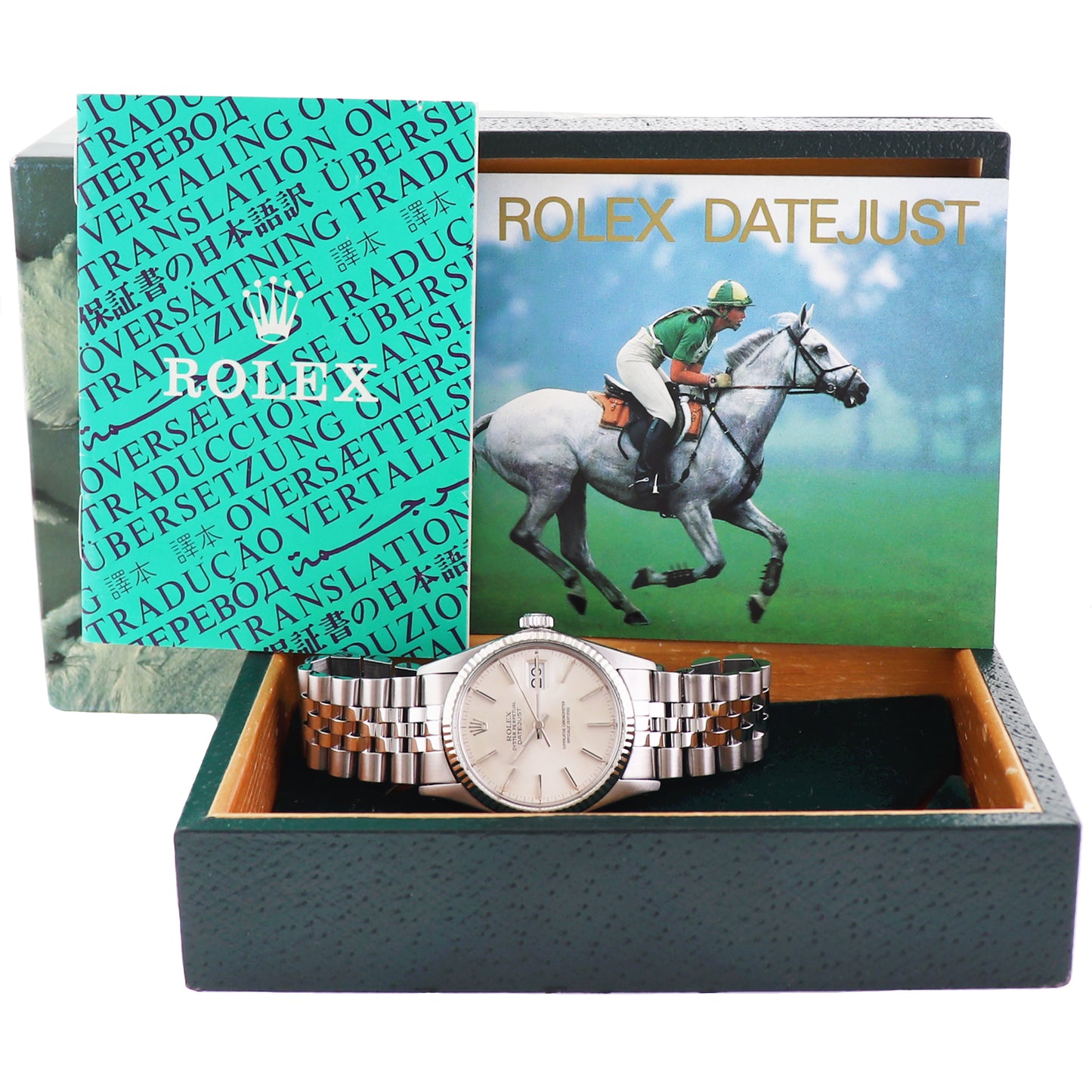 MINT Rolex DateJust 16014 Silver Stick Dial White Gold Bezel Jubilee Band 36mm Watch