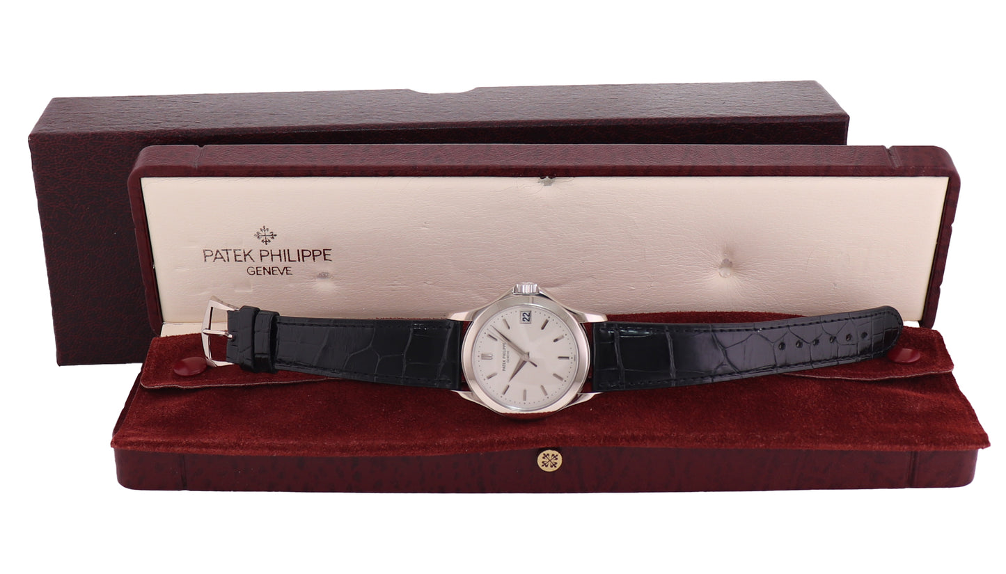 MINT Patek Philippe 5107G 37mm White Gold Black Leather Calatrava Watch Box