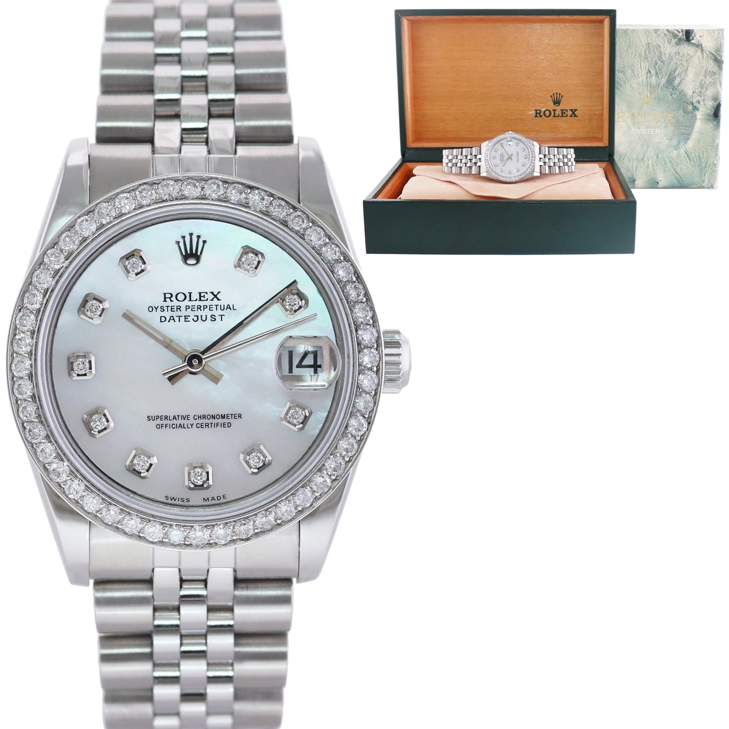 DIAMOND Pearl Ladies Rolex Midsize 31mm Datejust Jubilee Steel 68274 Watch