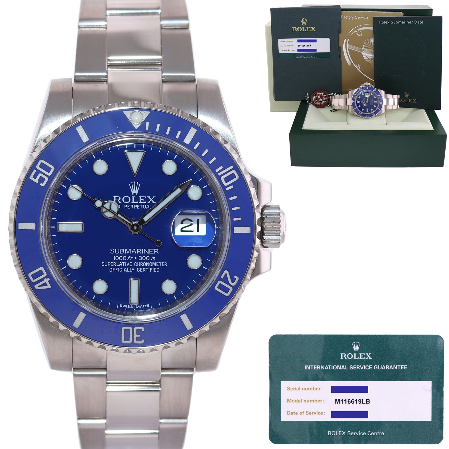 2022 RSC Service PAPERS Rolex Submariner Blue Smurf 116619 White Gold 40mm Watch
