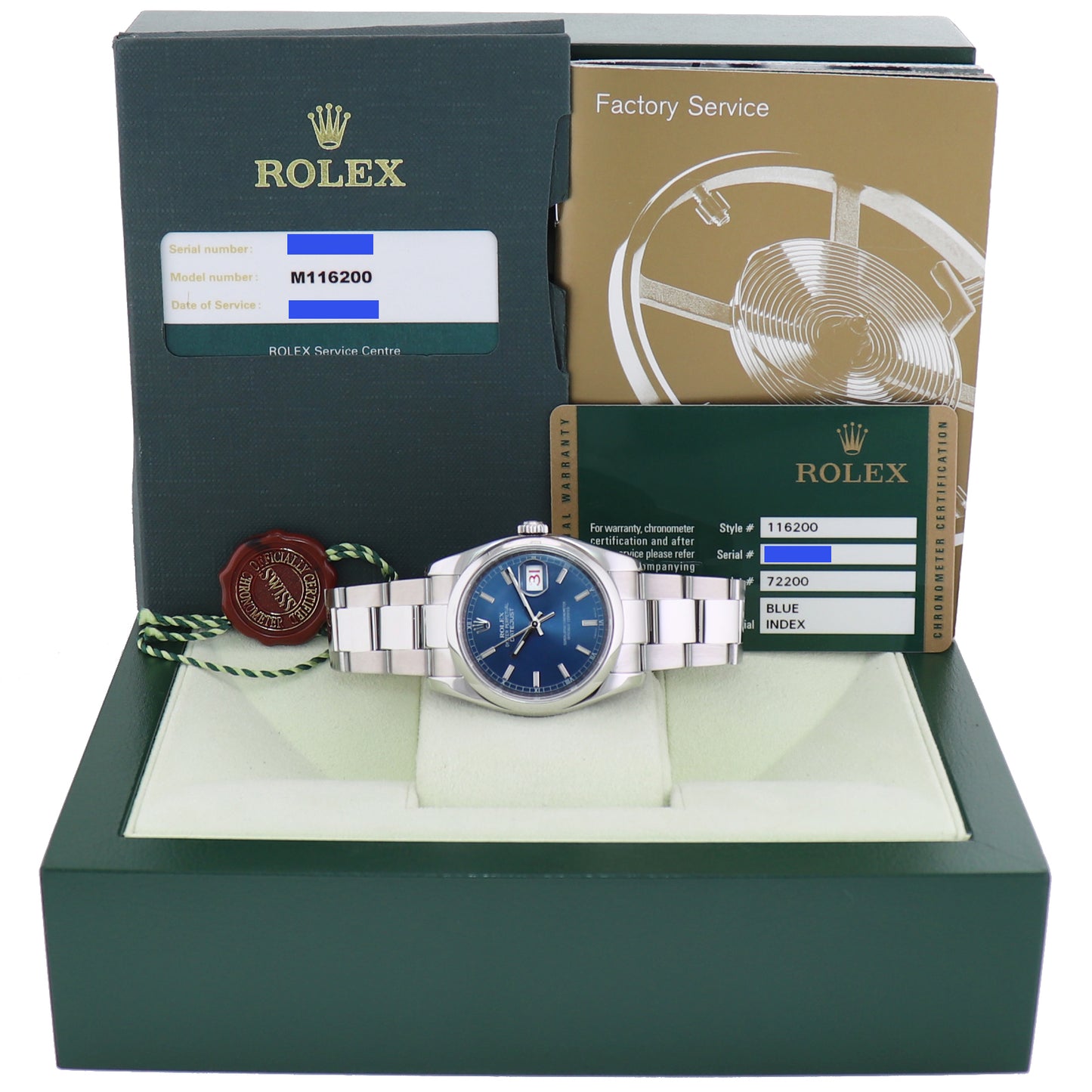 PAPERS MINT Rolex DateJust 36 116200 Blue Stick Oyster Steel 36mm Watch Box