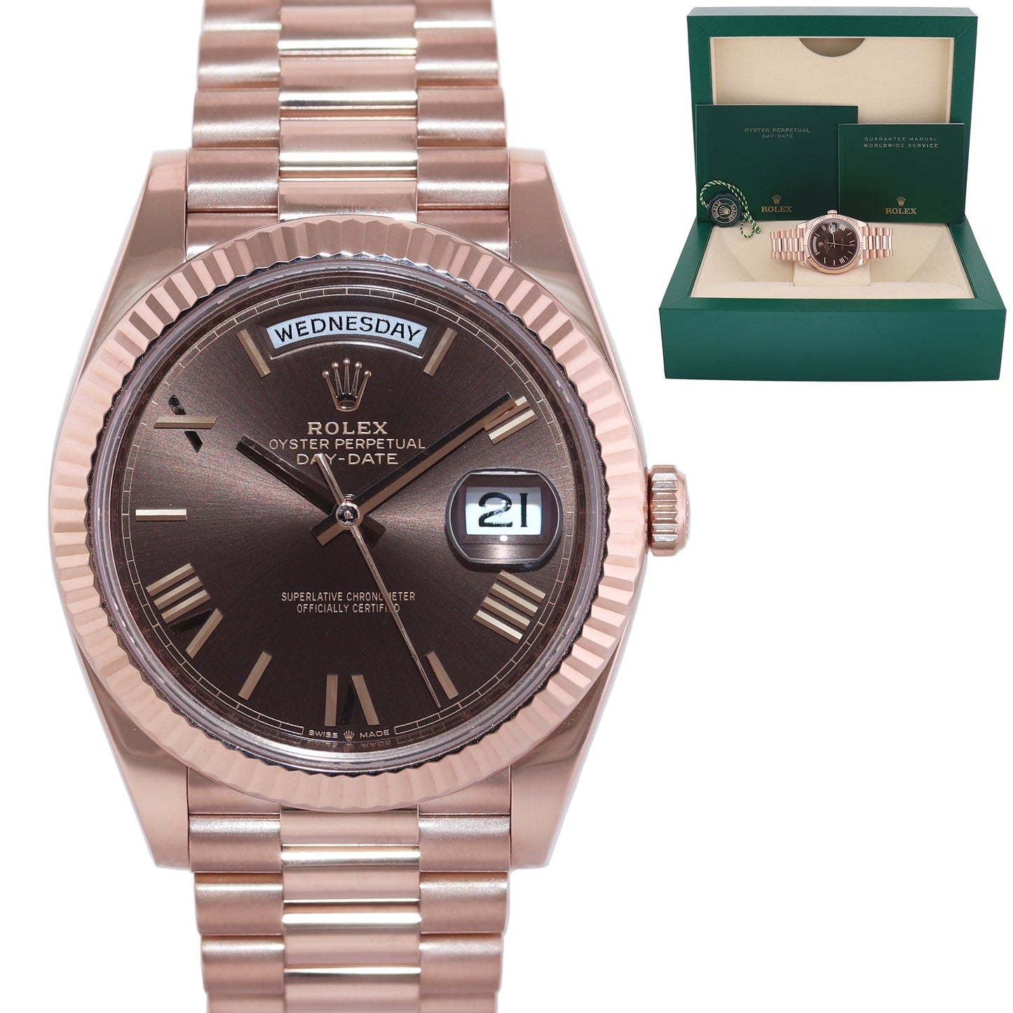 2022 MINT Rolex President 40mm Rose Gold Chocolate Roman 228235 Watch Box