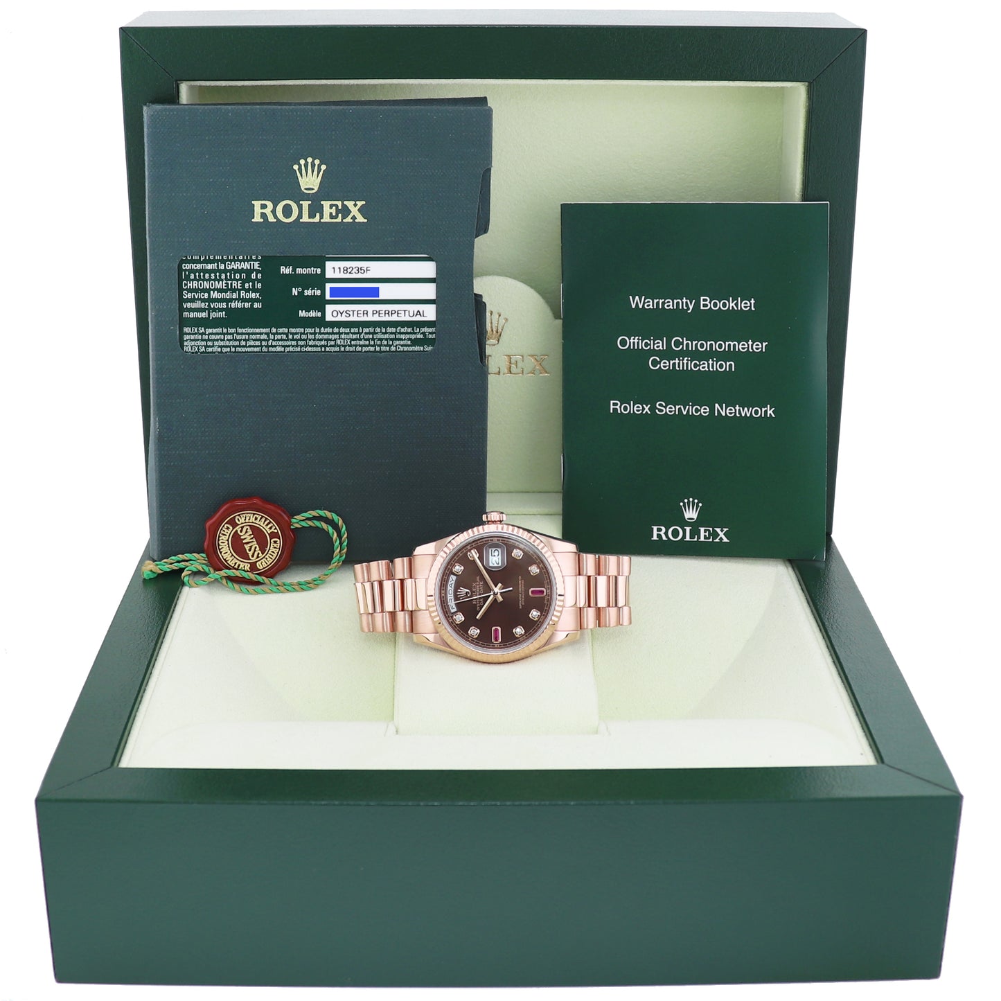 2014 PAPERS Rolex President Day Date Rose Gold 118235 Chocolate Ruby Diamond Watch