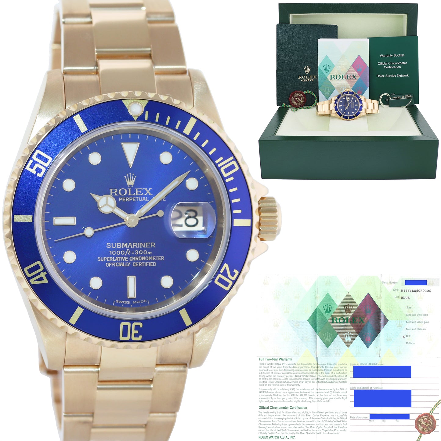 2008 PAPERS MINT Rolex 16618 Submariner Yellow Gold Blue Sunburst Dial Watch Box