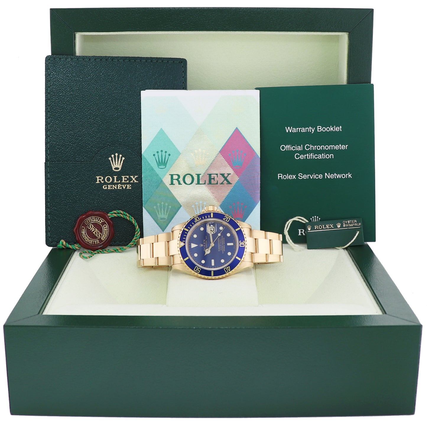 2008 PAPERS MINT Rolex 16618 Submariner Yellow Gold Blue Sunburst Dial Watch Box