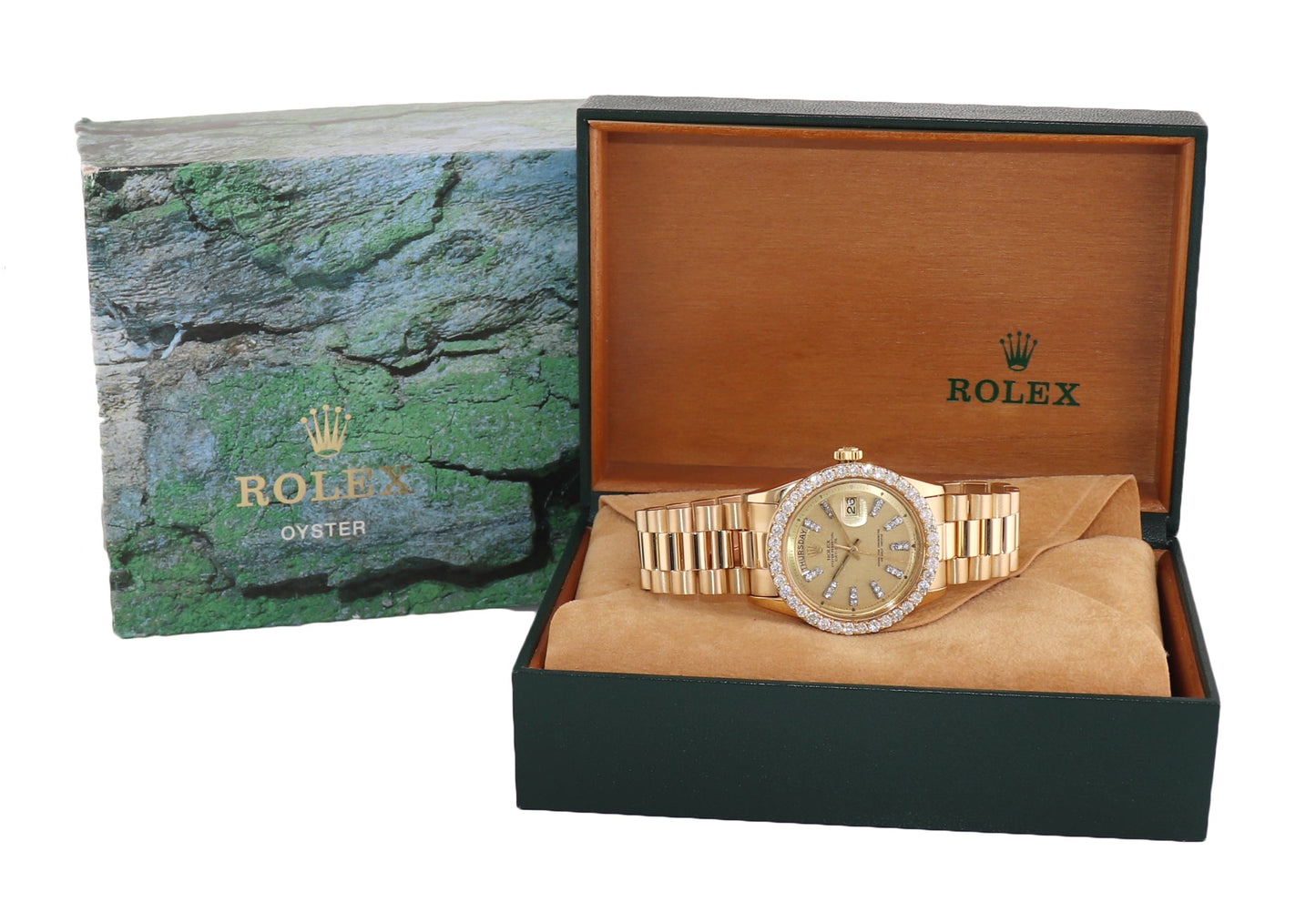 Rolex President Day Date Champagne 1803 Diamond Bezel Yellow Gold Watch Box