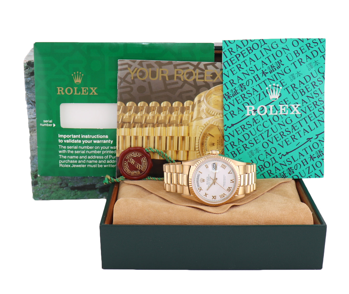 MINT Rolex President Day Date White Roman 18038 Quick Set Yellow Gold Watch Box