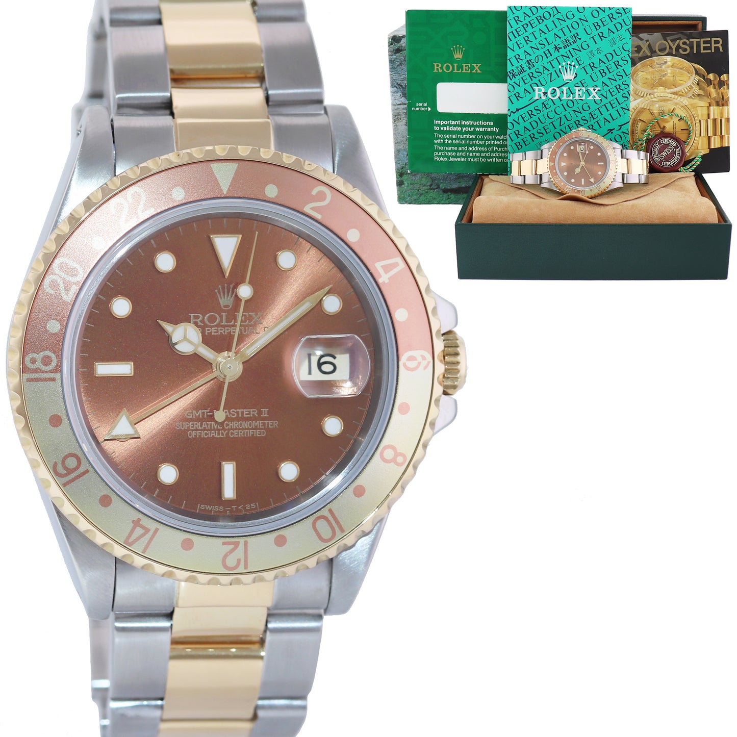 MINT Rolex GMT-Master 16713 Two-Tone Yellow Gold and Steel Rootbeer Watch Box