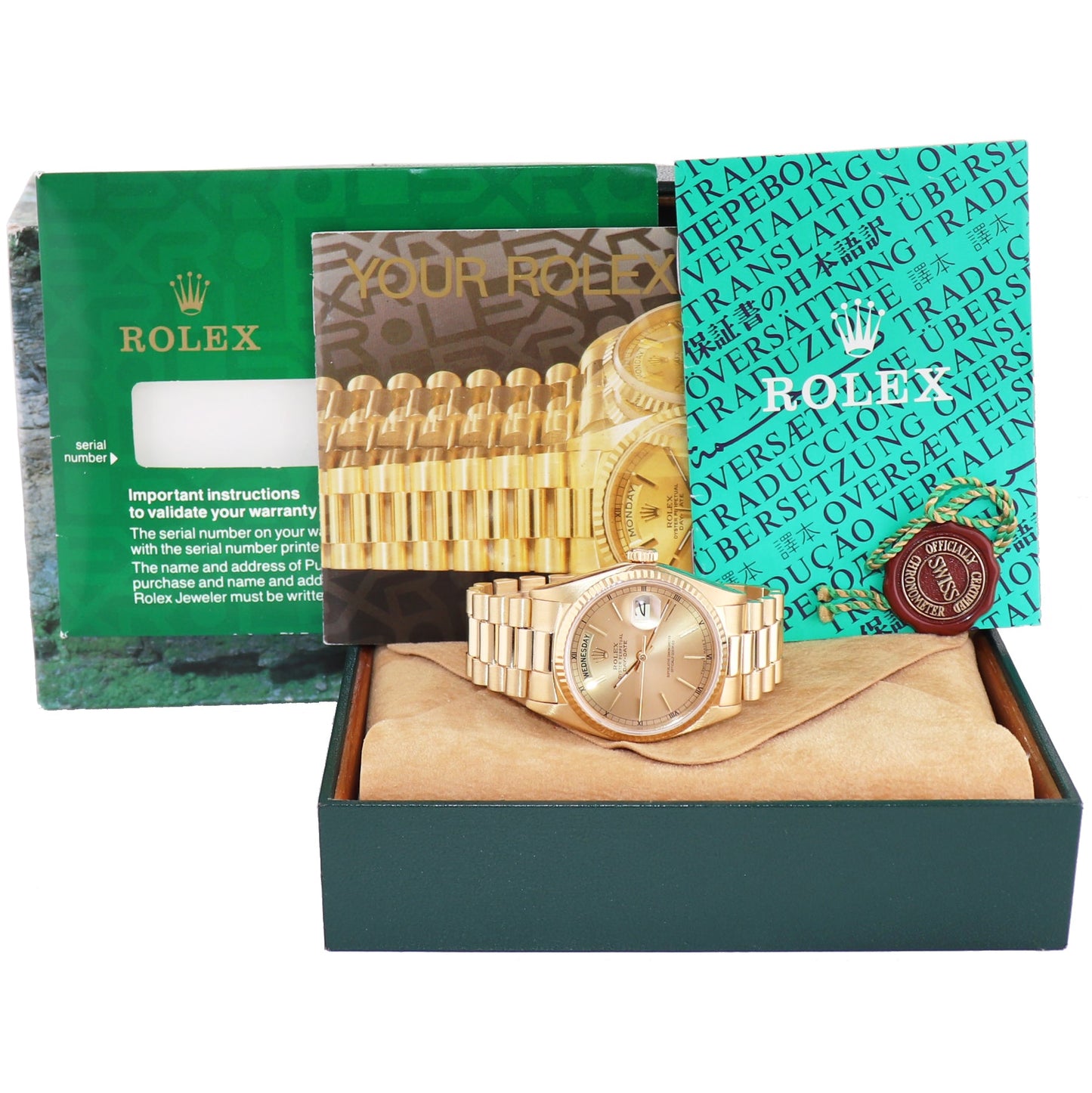 1999 MINT Rolex President Day Date Champagne 18238 Quick Set Yellow Gold Watch Box