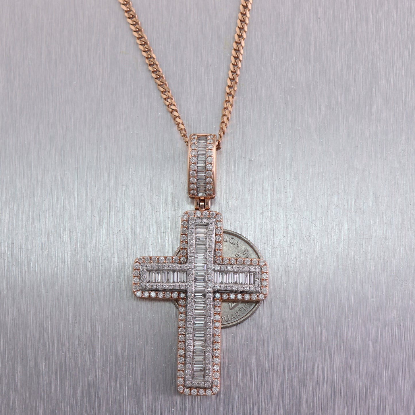 14k Rose & White Gold 3.75ctw Diamond Cross 24" Necklace