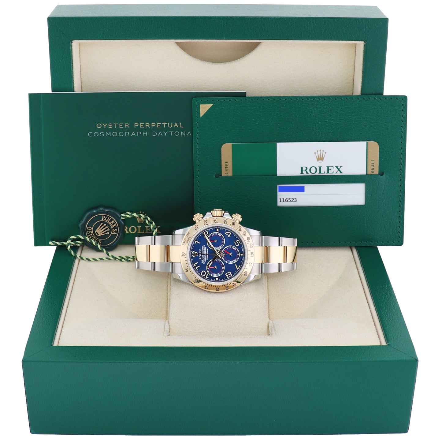 PAPERS 2016 Rolex Daytona 116523 Blue Arabic Red Steel Yellow Gold Two Tone Watch