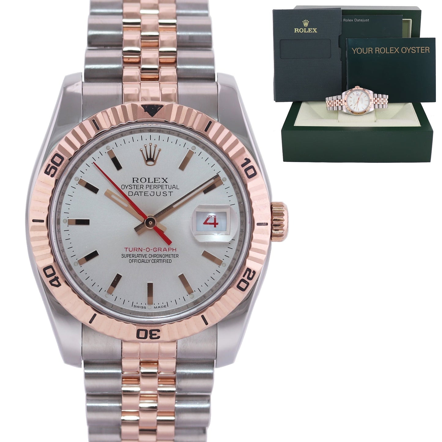 MINT 2005 Rolex DateJust Turn-O-Graph 116261 Rose Gold Two Tone Steel White Watch