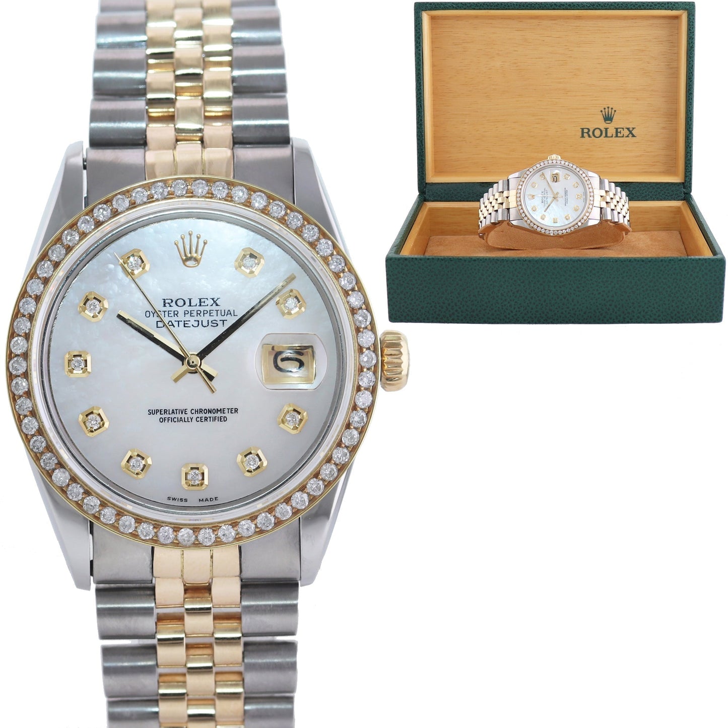 Rolex DateJust 16013 Pearl Diamond Bezel Two Tone Gold Jubilee Band Watch Box
