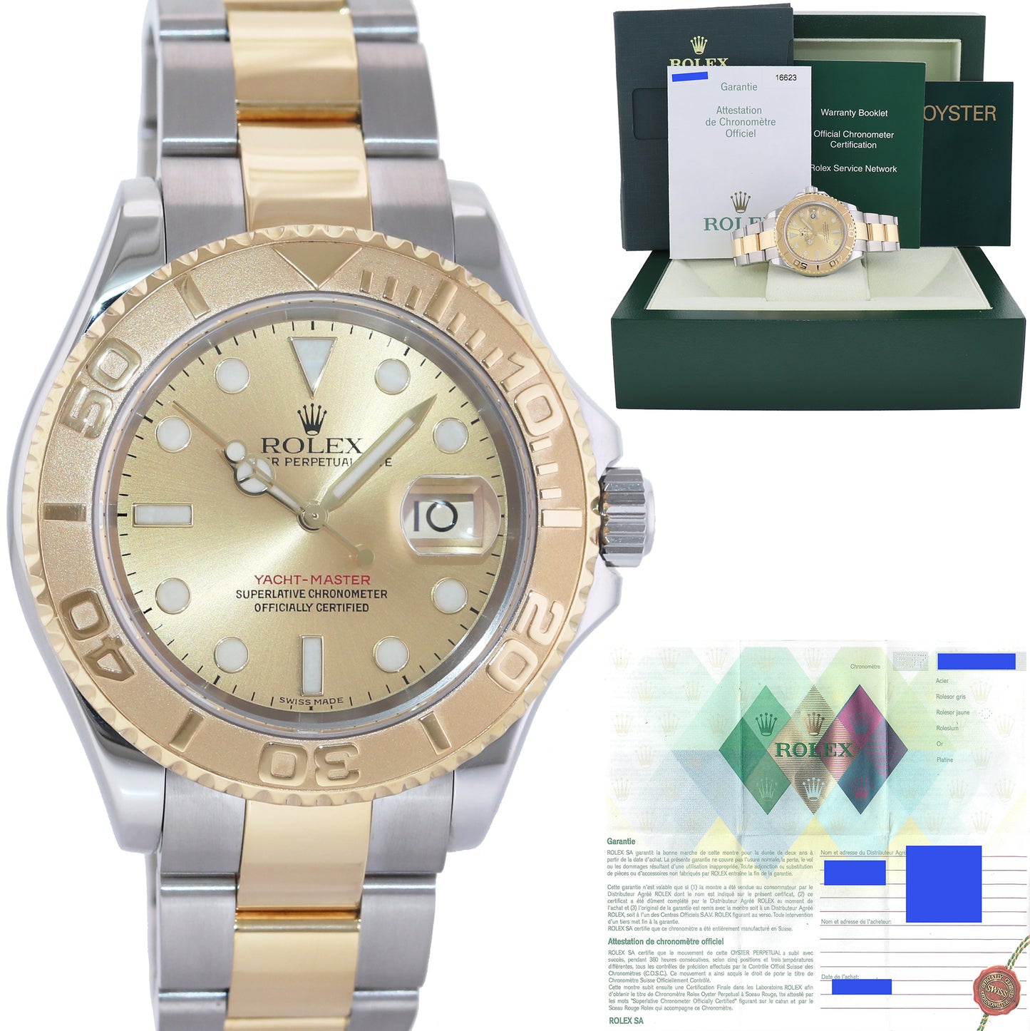 PAPERS MINT 2006 Rolex 16623 Two Tone Yellow Gold Yachtmaster Champagne Watch
