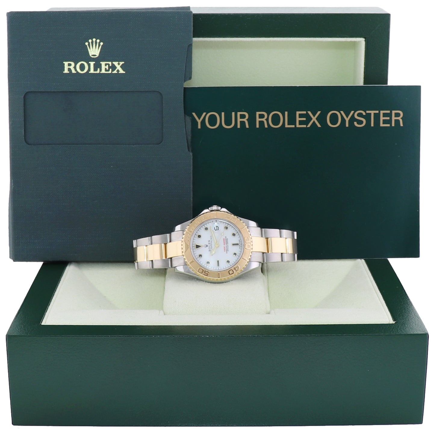 MINT Ladies Rolex Yacht-Master 68623 35mm Yellow Gold Two Tone White Midsize Watch