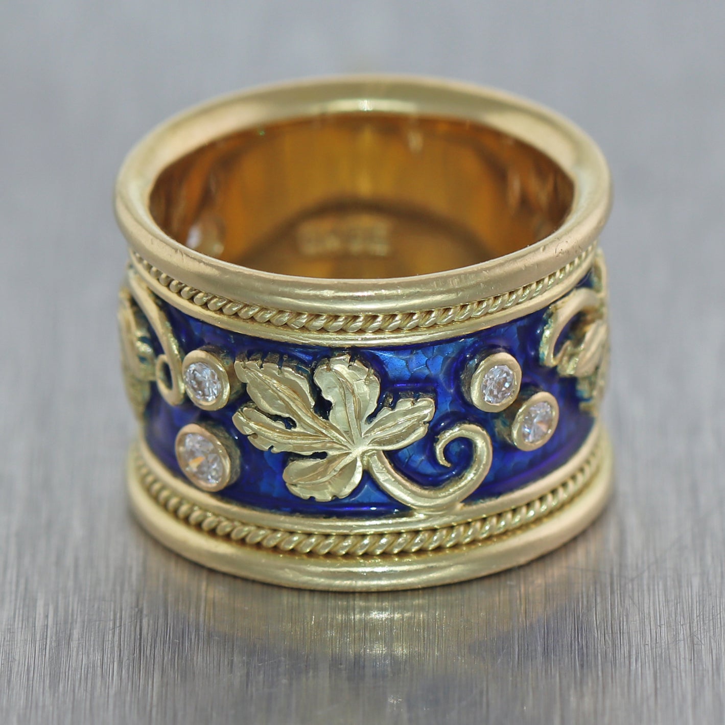 Elizabeth Gage 18k Yellow Gold Templar Collection Diamond Vine Leaf Ring