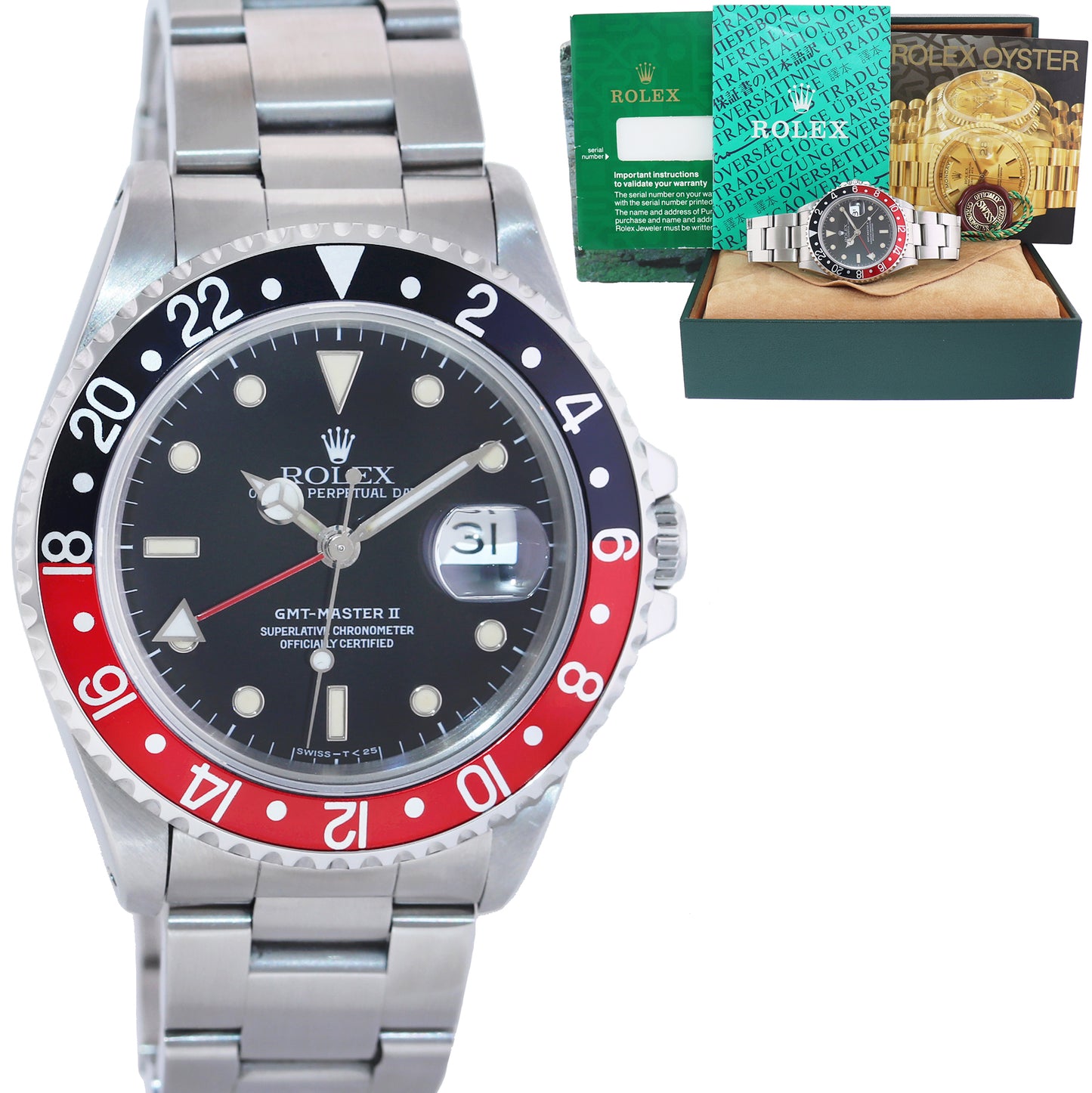 1993 MINT Rolex GMT-Master II Coke Red Black Steel Tritium 16710 40mm Watch Box