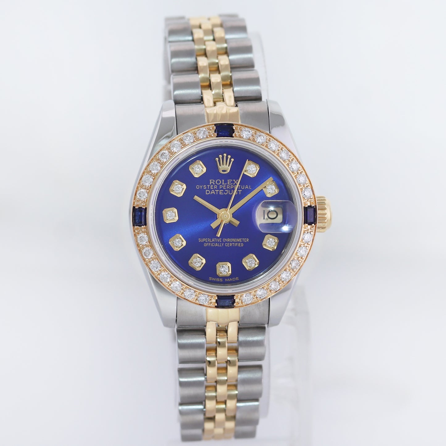 Damond Blue Sapphire Ladies Rolex DateJust 26mm 69173 Two Tone 18k Gold Watch