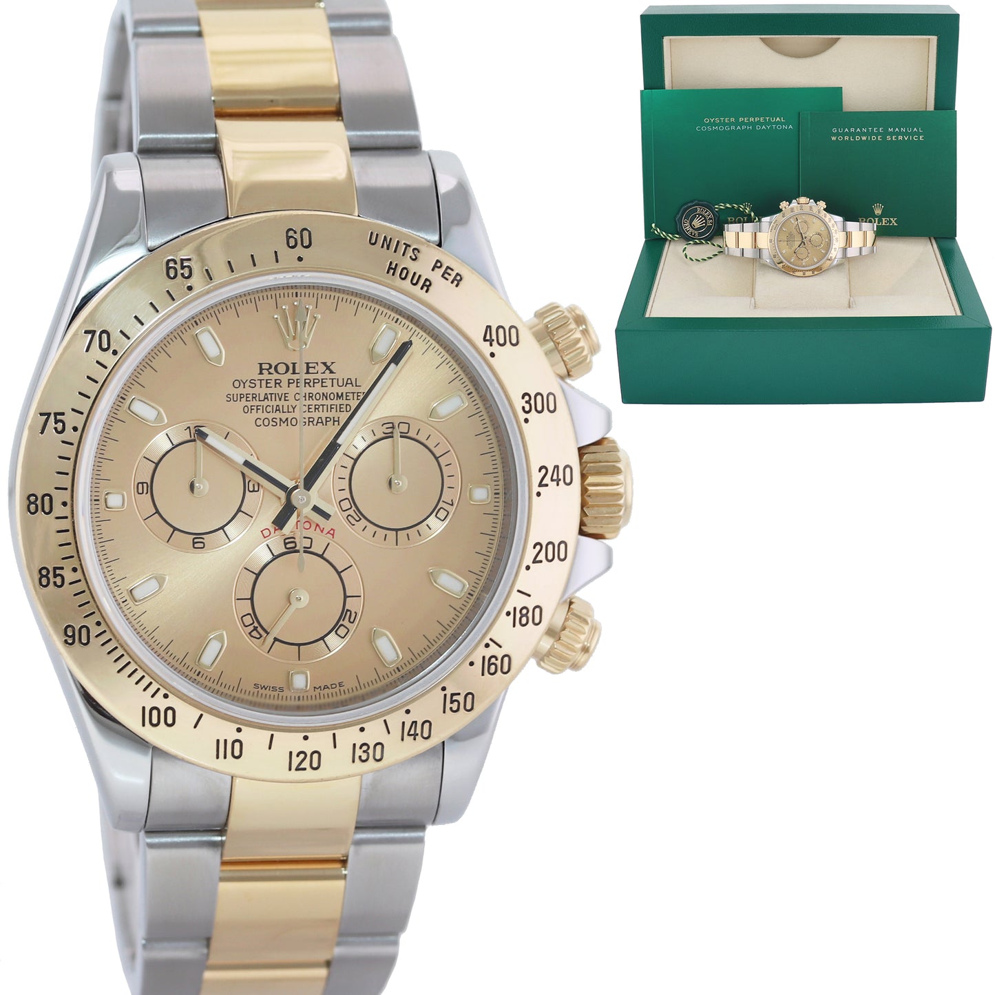 2015 MINT Rolex Daytona 116523 Chronograph Champagne Steel Gold Two Tone Watch