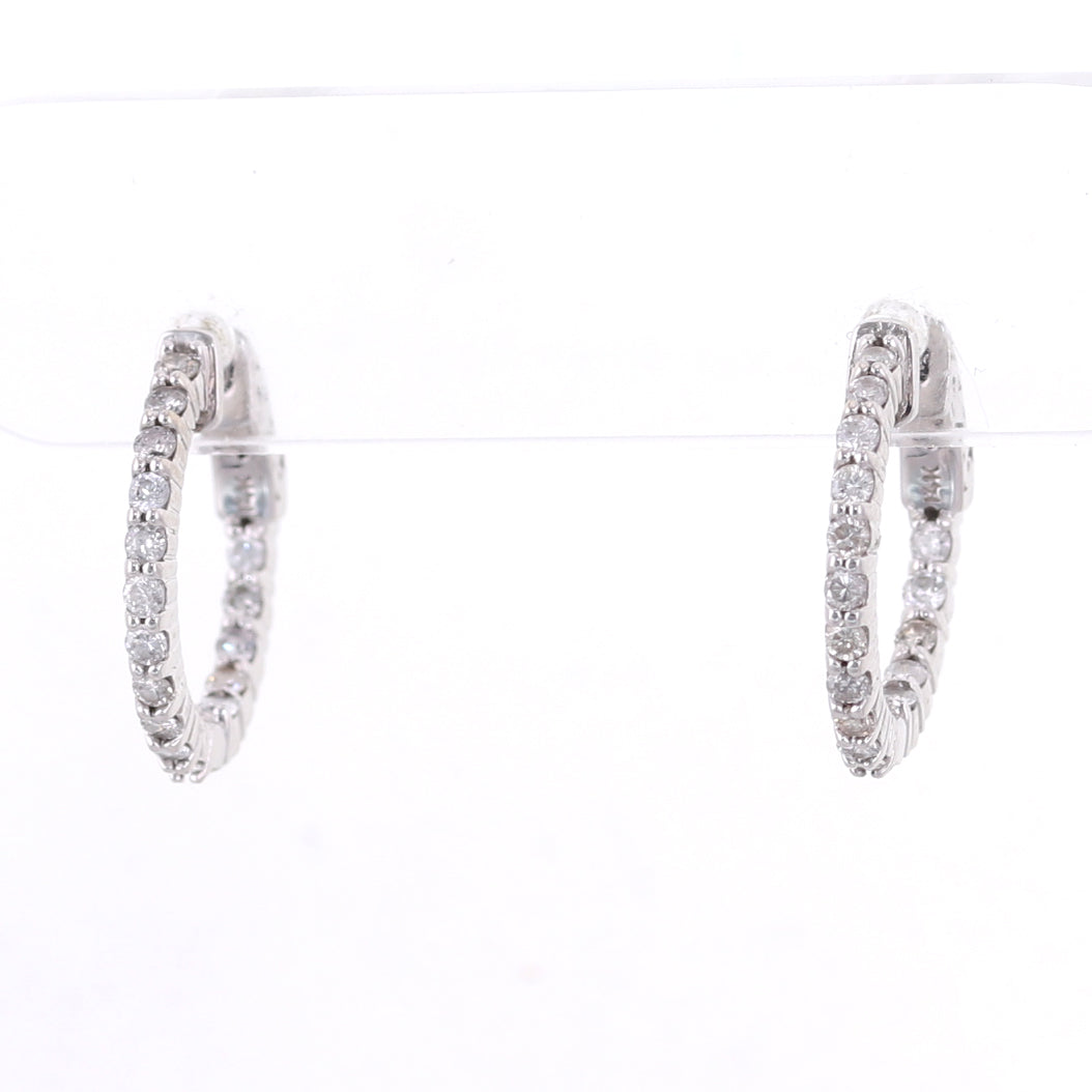 Estate Vintage 14k White Gold 0.96ctw Diamond In & Out Hoop Earrings