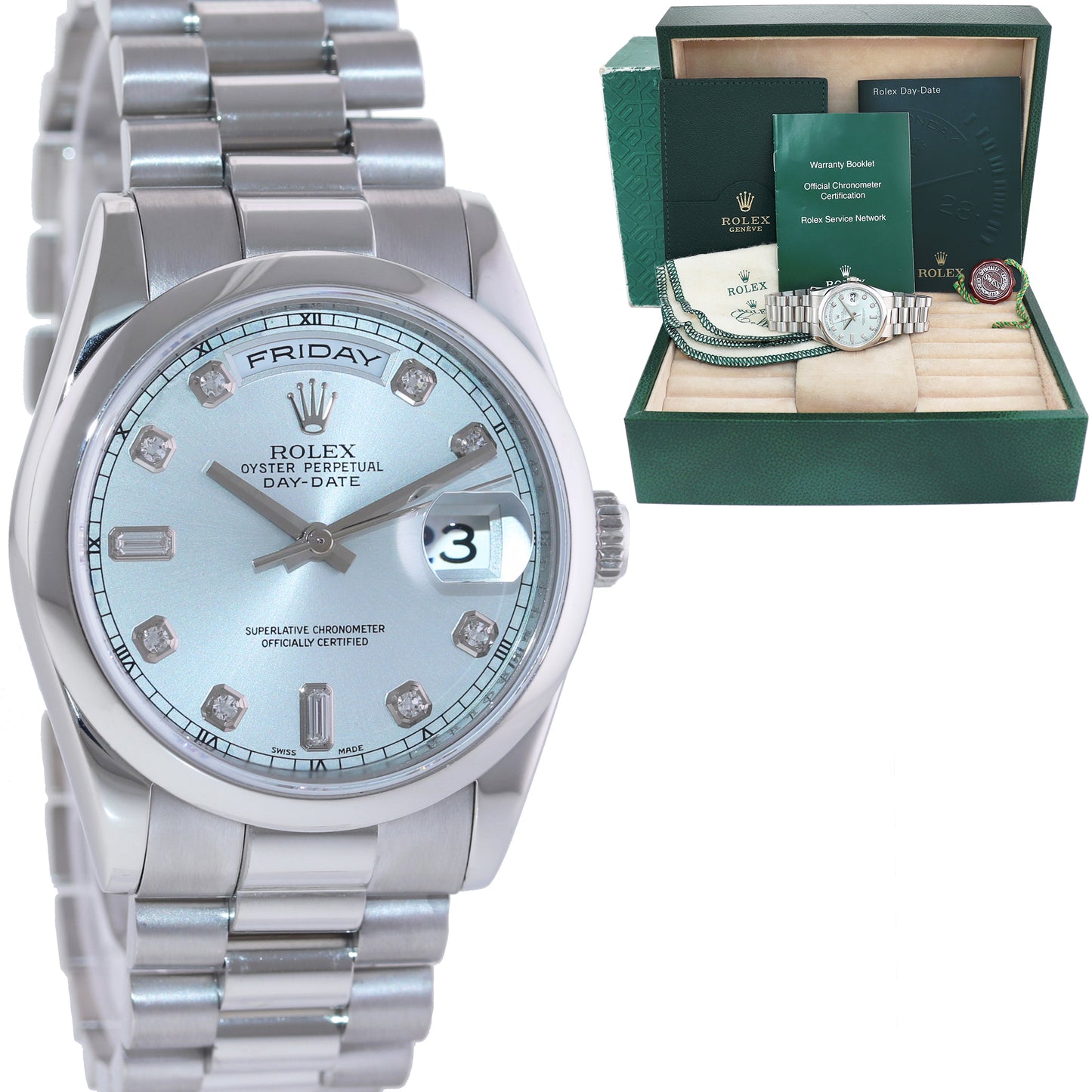 2007 MINT Rolex Platinum President 118206 Glacier Blue Diamond Day Date Watch Box