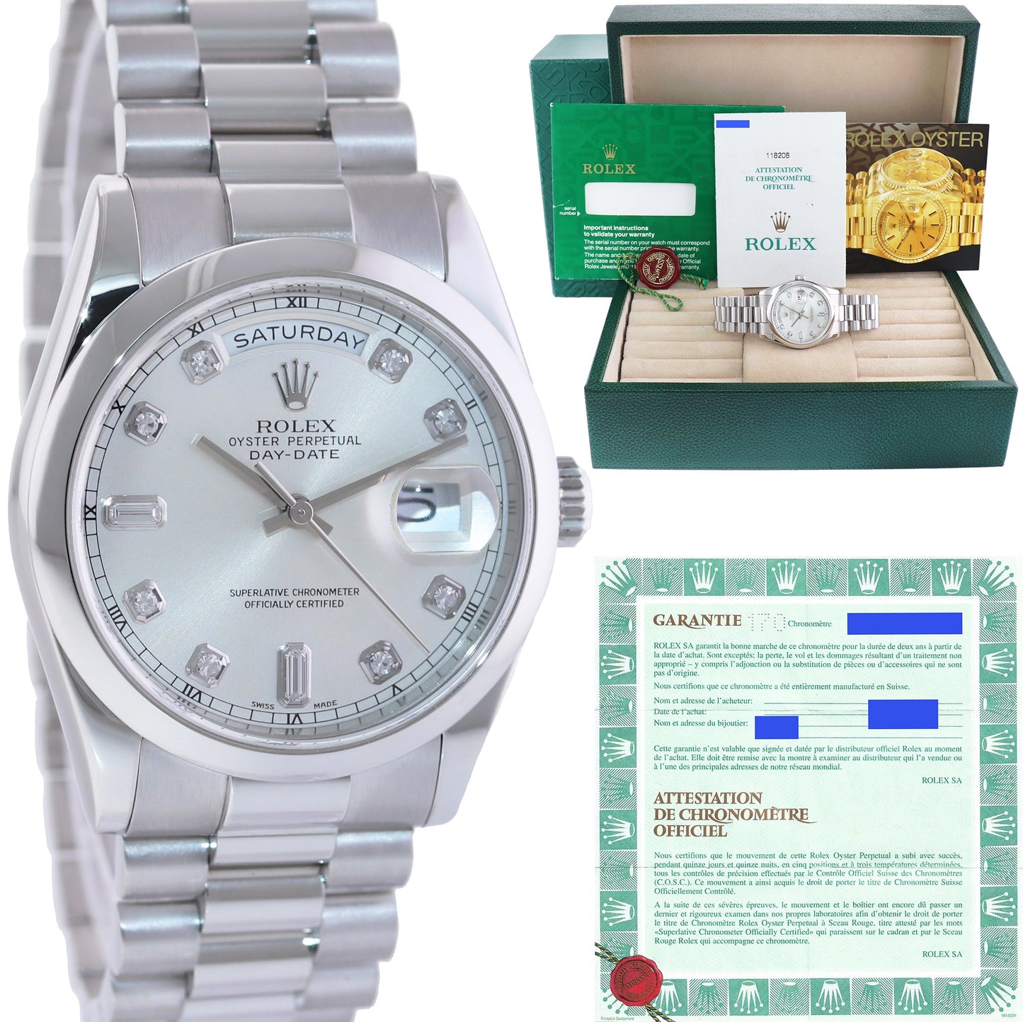 PAPERS Rolex Platinum Day Date President 118206 Silver Diamond Dial 36mm Watch