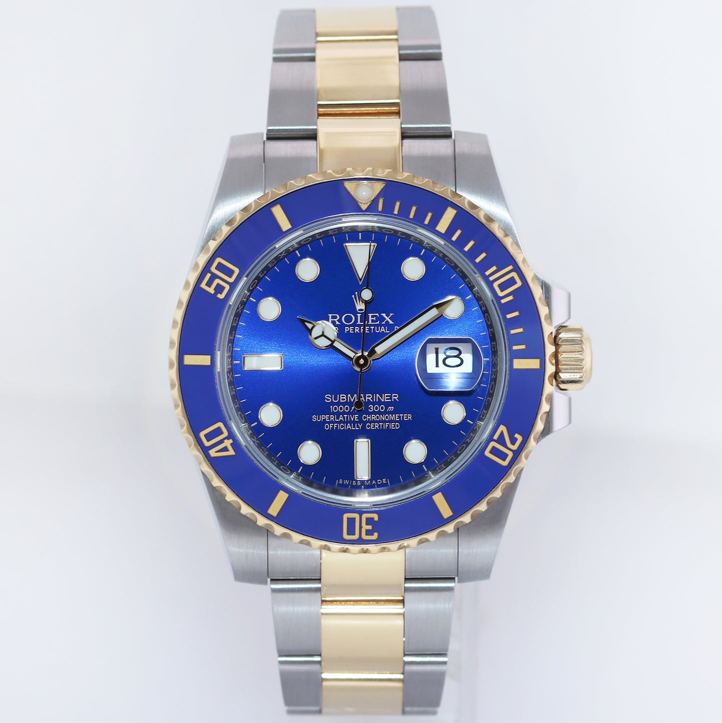 2017 MINT PAPERS Rolex Submariner Blue Sunburst Ceramic 116613 Two Tone Gold Watch