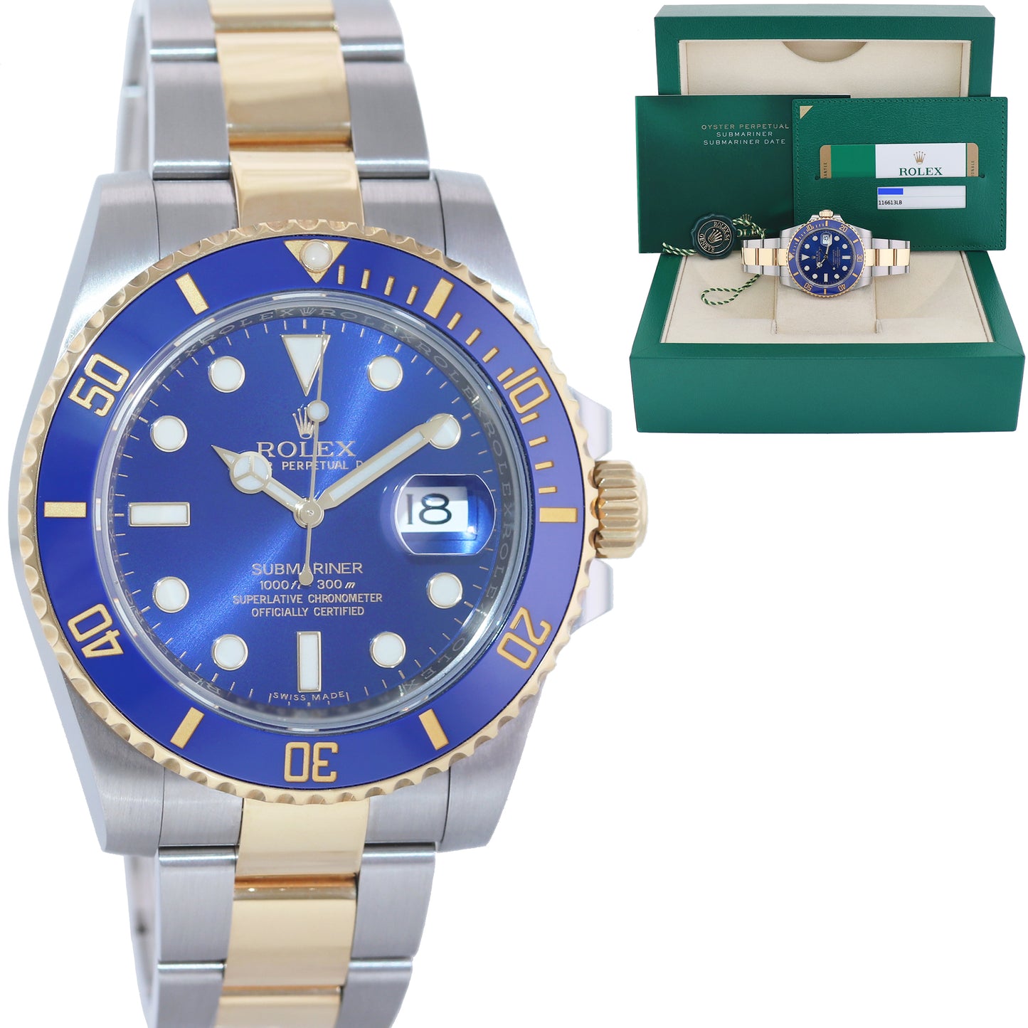 2017 MINT PAPERS Rolex Submariner Blue Sunburst Ceramic 116613 Two Tone Gold Watch