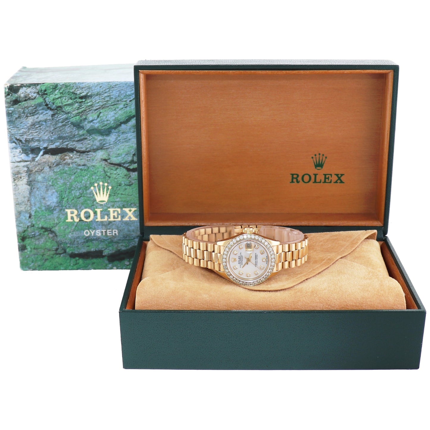 Pearl Diamond Ladies Rolex DateJust President 26mm 6917 Yellow Gold Watch Box