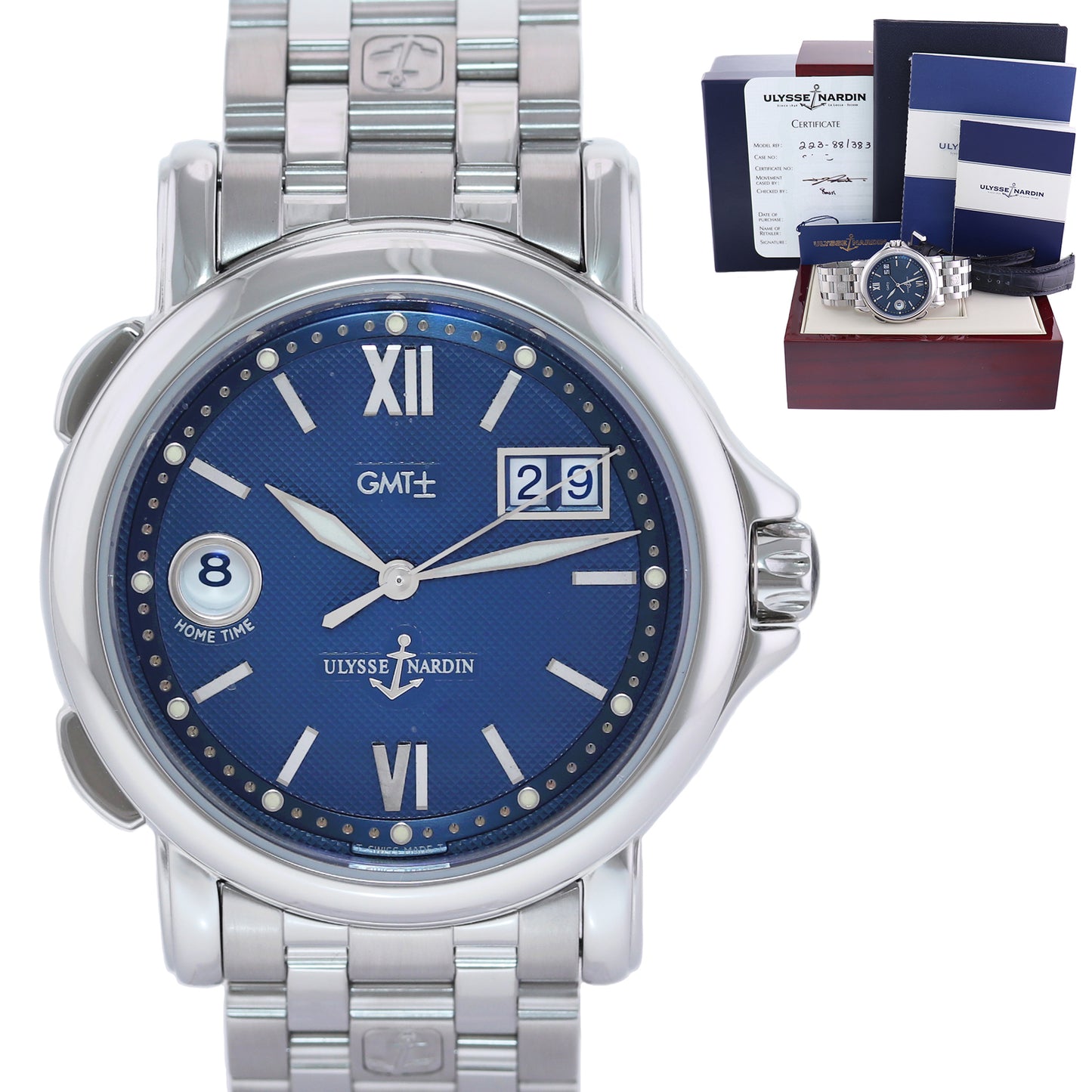 Ulysse Nardin San Marco GMT Big Date 40mm 223-88/383 Stainless Steel Blue Dial Mens Watch Box Papers